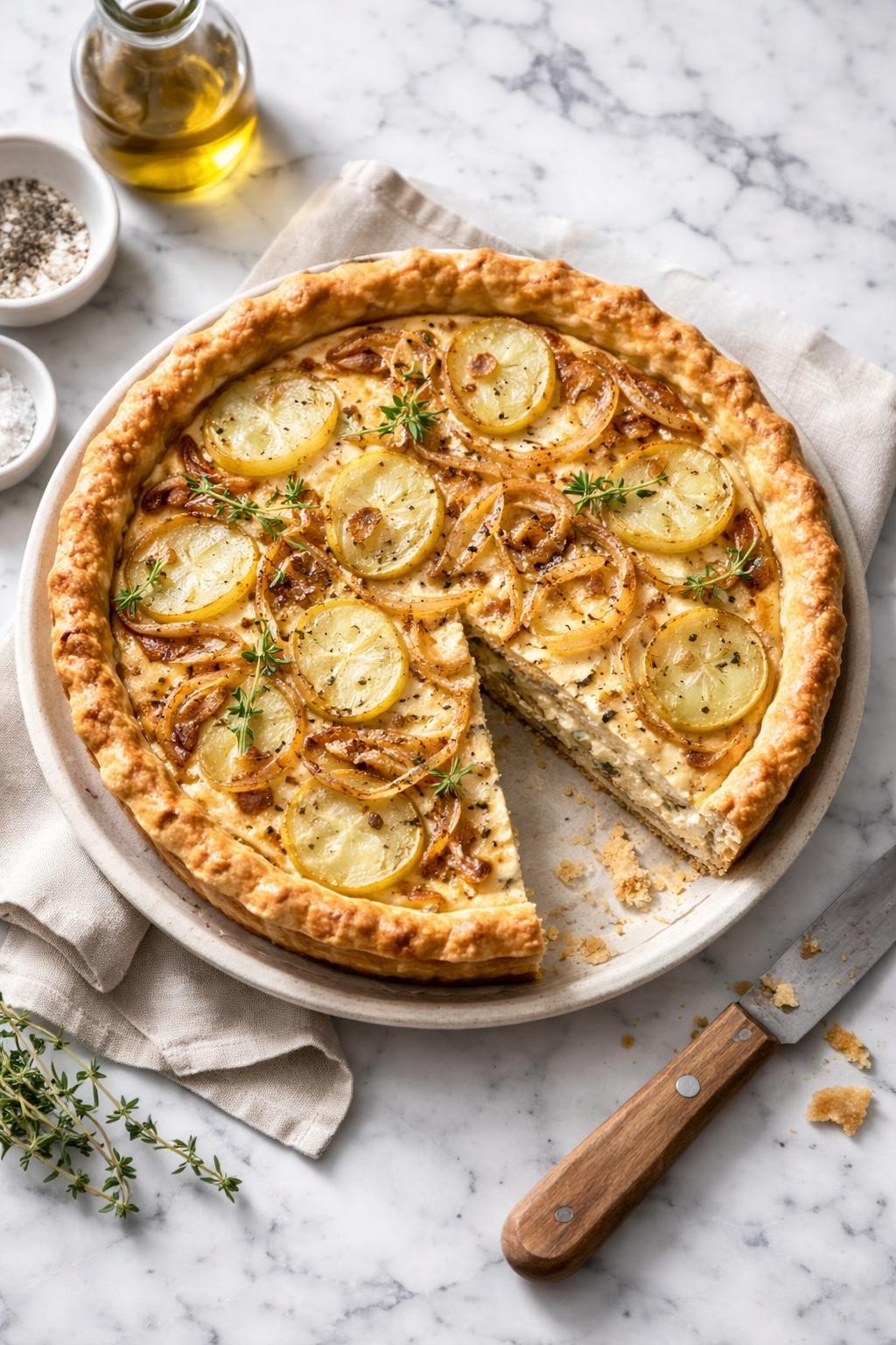 Image Prompt: Top-down realistic editorial food photography of a homemade vegan potato and onion quiche on a clean white and gray marble countertop, golden flaky crust filled with creamy tofu filling, tender potato slices, and sautéed onions, one slice removed to show the hearty brunch texture inside, warm cozy homemade mood, bright natural window lighting, soft shadows, high detail, no people, no hands, no text, no watermarks, no props with writing.
