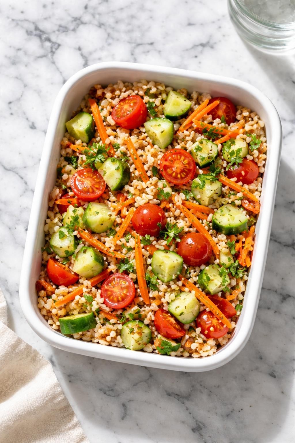 Image Prompt: Realistic top-down editorial food photography of a brown rice veggie salad in a clean white meal prep bowl on a white and gray marble countertop, cold brown rice mixed with shredded carrots, chopped cucumbers, cherry tomatoes, and light vinaigrette, wholesome homemade lunch mood, bright natural daylight, soft shadows, clean editorial composition, high detail, realistic texture, no people, no hands, no text, no watermarks, no props with writing.
