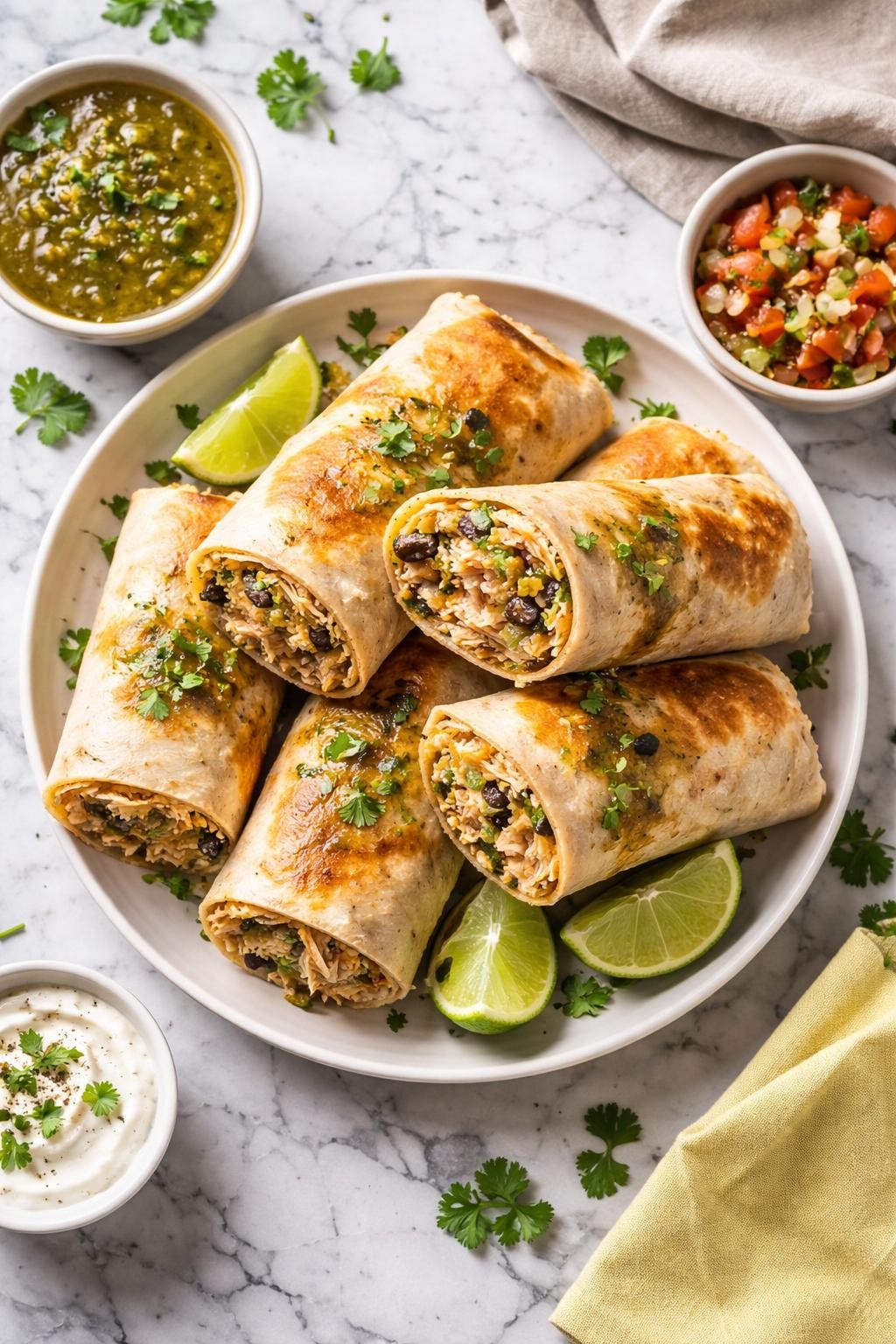 An overheard picture view of a plate of Salsa Verde Chicken Burritos sitting on a marble countertop table in the kitchen, professional food photography style.