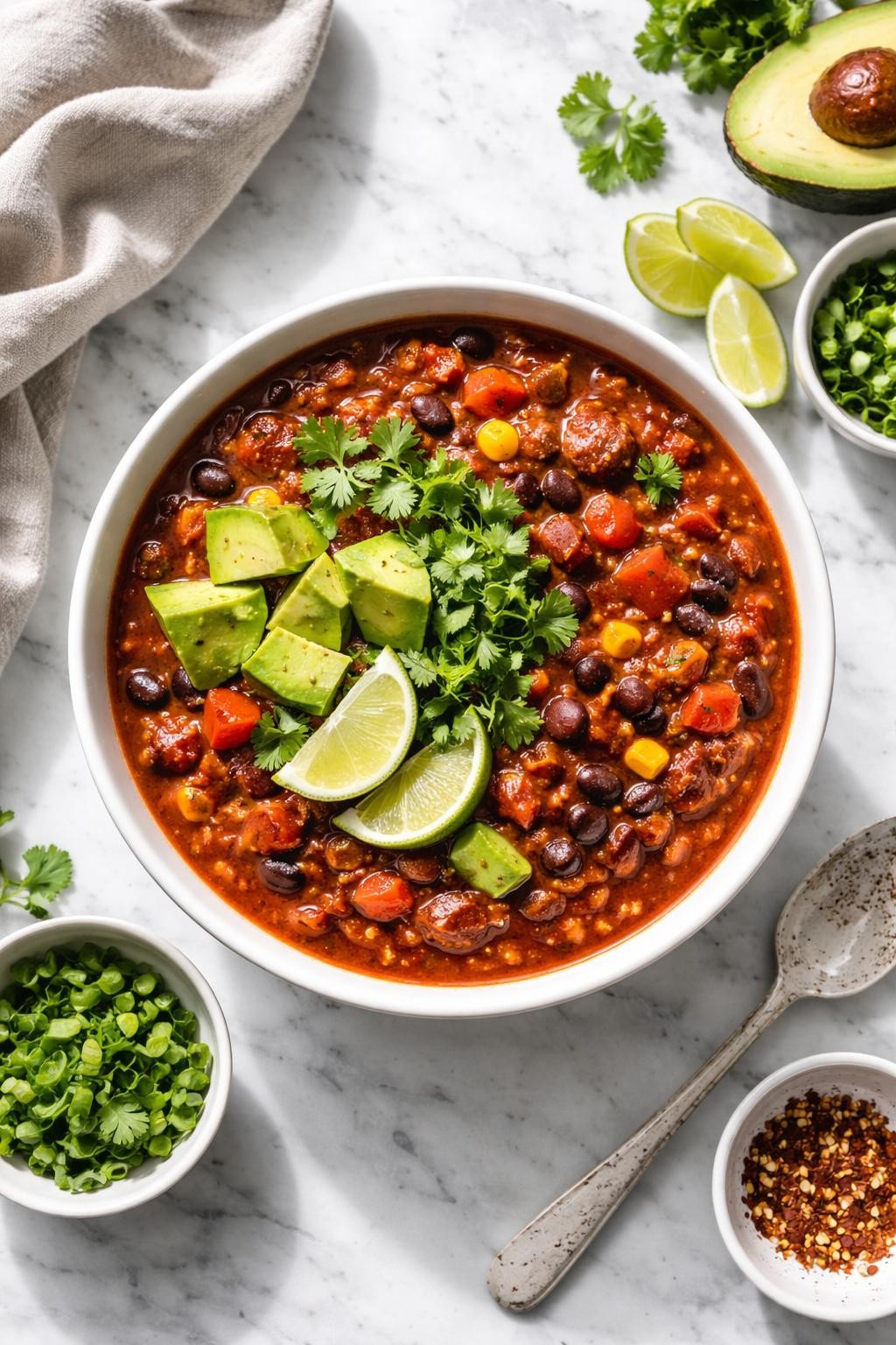 Image Prompt: Realistic top-down editorial food photography of a bowl of Instant Pot vegan chili on a clean white and gray marble countertop, filled with kidney beans, black beans, tomatoes, corn, bell peppers, and a thick rich red chili base, topped with avocado, cilantro, and lime wedges, cozy homemade dinner mood, bright natural window lighting, soft shadows, clean composition, high detail, realistic food texture, no people, no hands, no text, no watermarks, no props with writing.