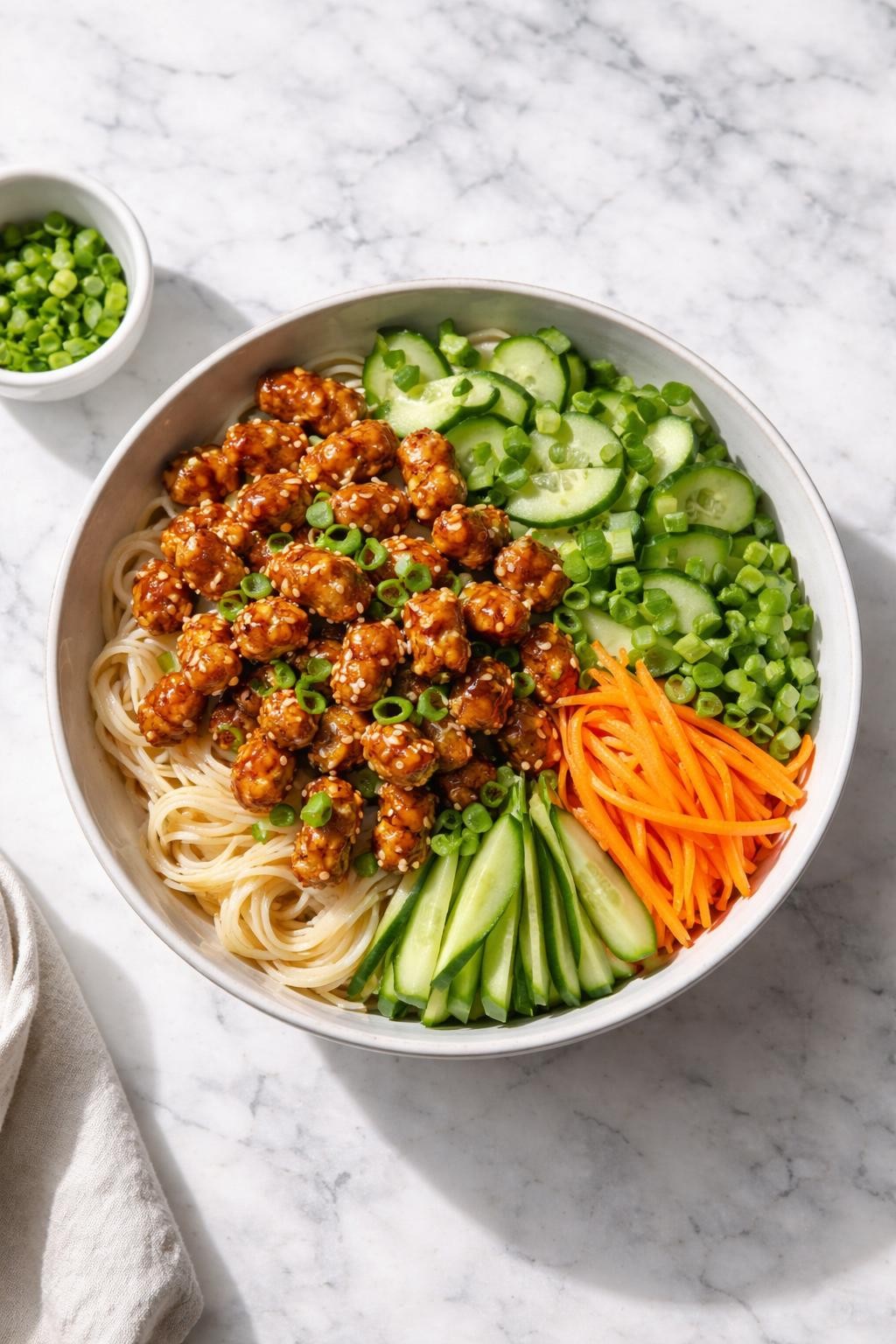 Image Prompt: Realistic top-down editorial food photography of a soy curl noodle bowl on a clean white and gray marble countertop, noodles topped with glazed soy curls, shredded carrots, cucumber, green onions, and sesame seeds in a simple bowl, fresh homemade vegan lunch styling, bright natural window lighting, soft shadows, clean composition, high detail, realistic food texture, no people, no hands, no text, no watermarks, no props with writing.