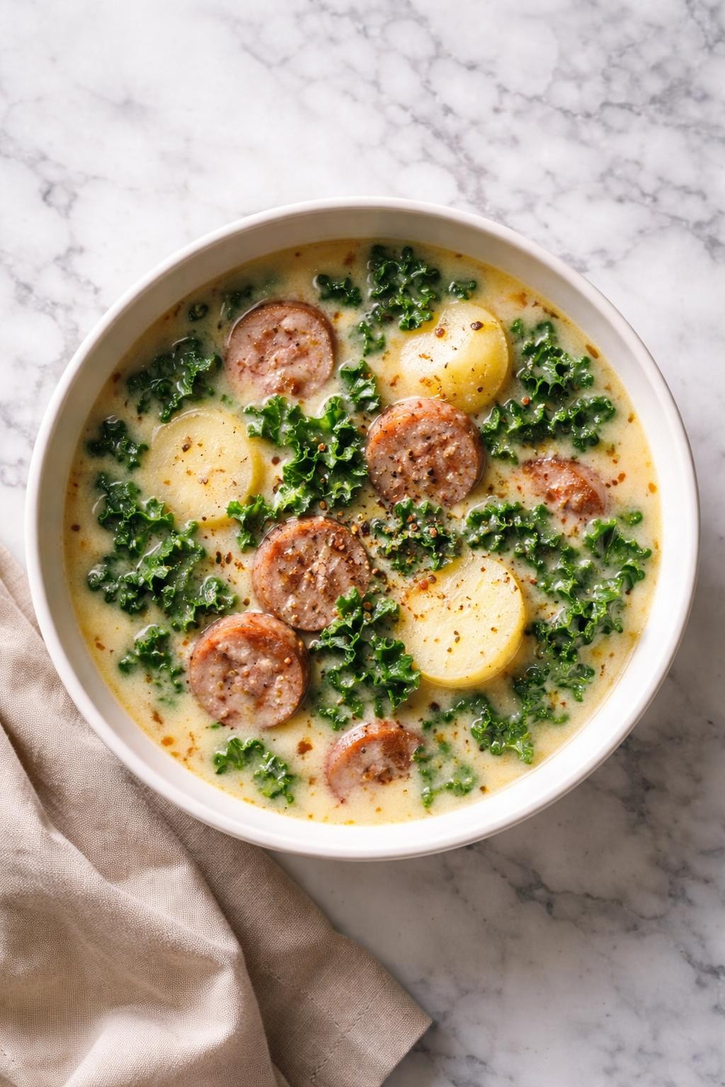 Image Prompt: Realistic top-down editorial food photography of a bowl of copycat zuppa toscana on a clean white and gray marble countertop, filled with sliced sausage, soft potato rounds, chopped kale, and a creamy lightly golden broth with black pepper on top, warm cozy restaurant-style homemade soup mood, bright natural window lighting, soft shadows, clean composition, high detail, realistic food texture, no people, no hands, no text, no watermarks, no props with writing.