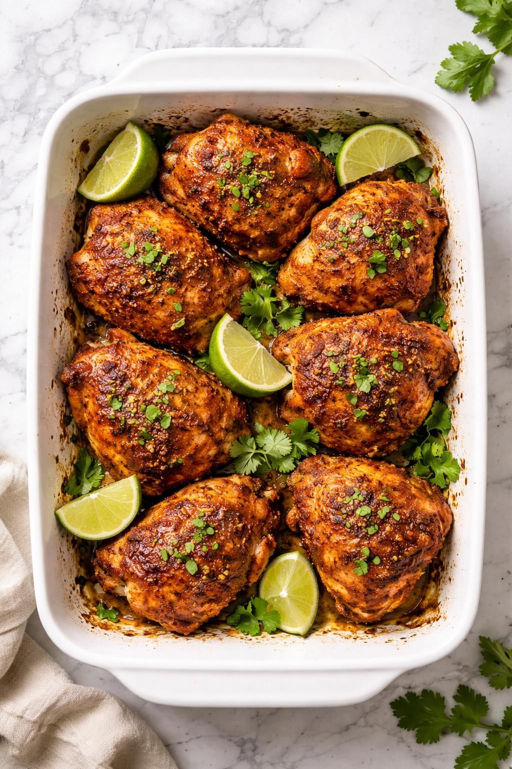 Image Prompt: Realistic top-down editorial food photography of oven baked Mexican chicken thighs on a white baking dish on a clean white and gray marble countertop, golden roasted chicken thighs seasoned with Mexican spices and garnished with lime and cilantro, cozy homemade dinner styling, bright natural window light, no people, no hands, no text, no watermarks, no props with writing.
