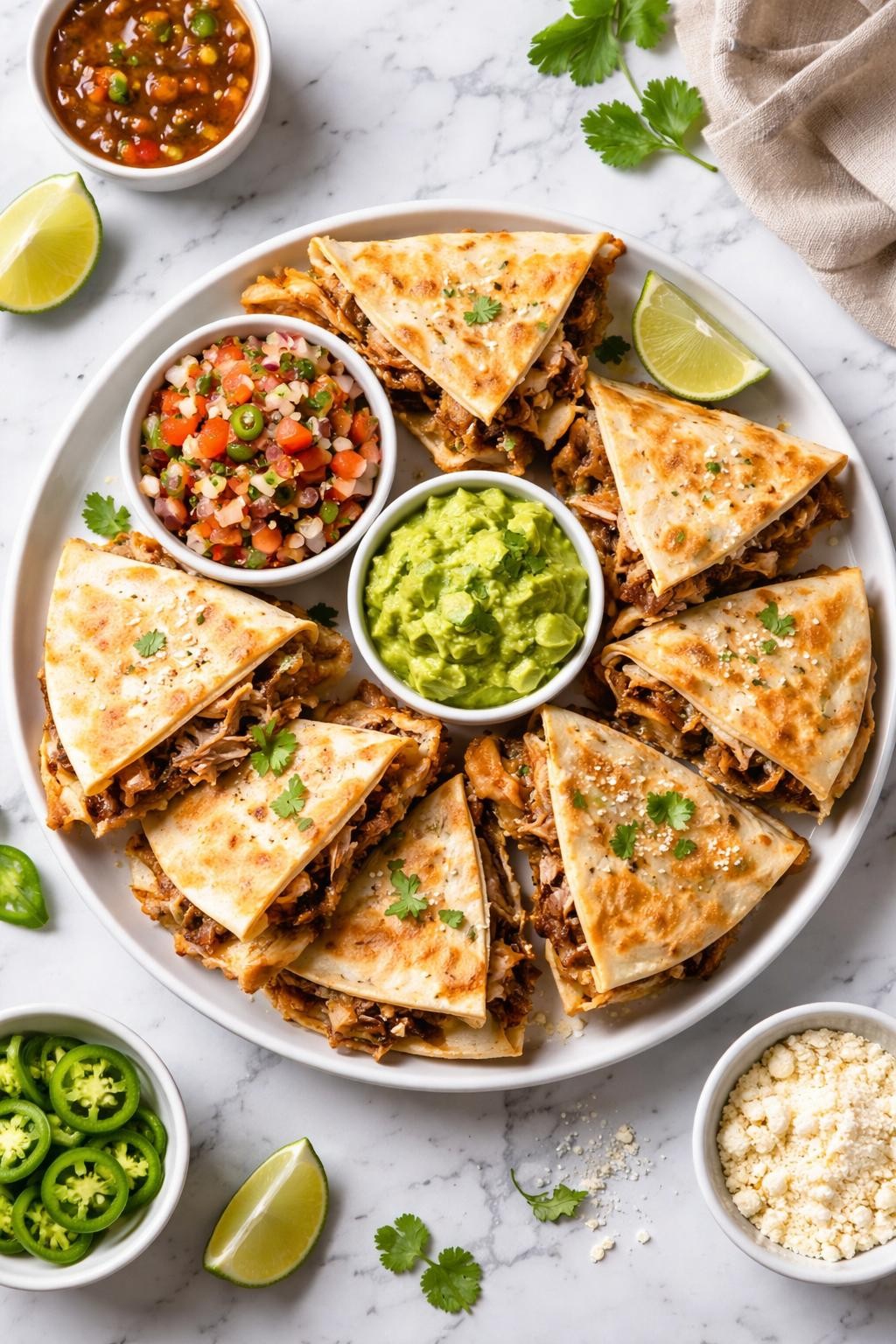 An overheard picture view of a plate of   Carnitas Quesadillas sitting on a marble countertop table in the kitchen, professional food photography style.
