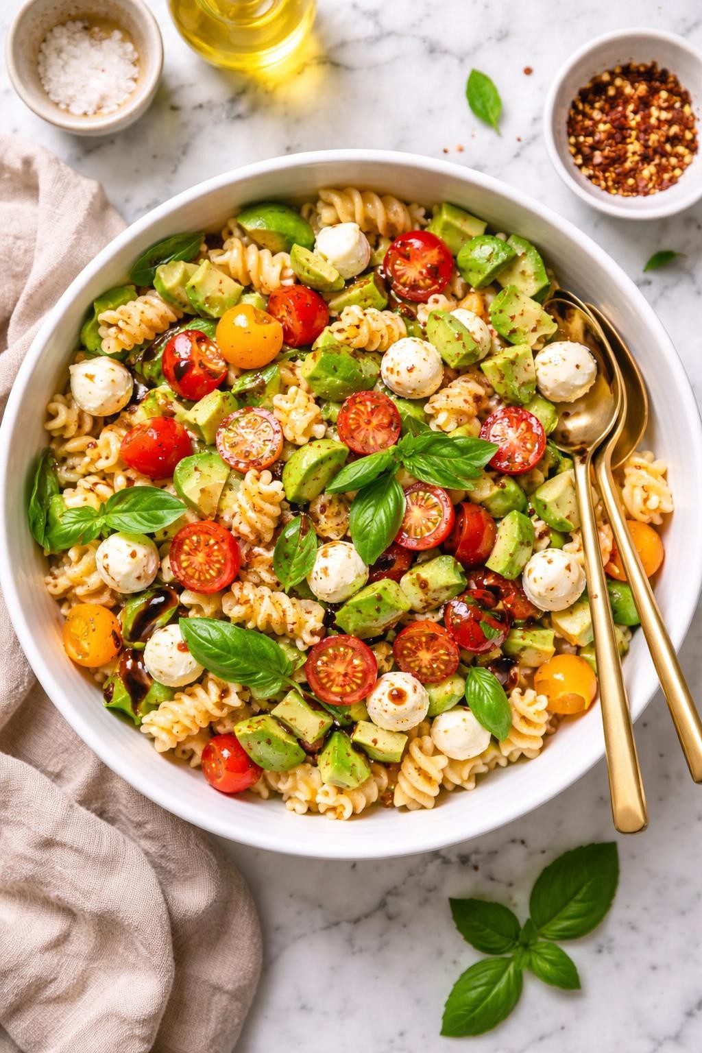 An overheard picture view of a plate of Avocado Caprese Pasta Salad   sitting on a marble countertop table in the kitchen, professional food photography style.
