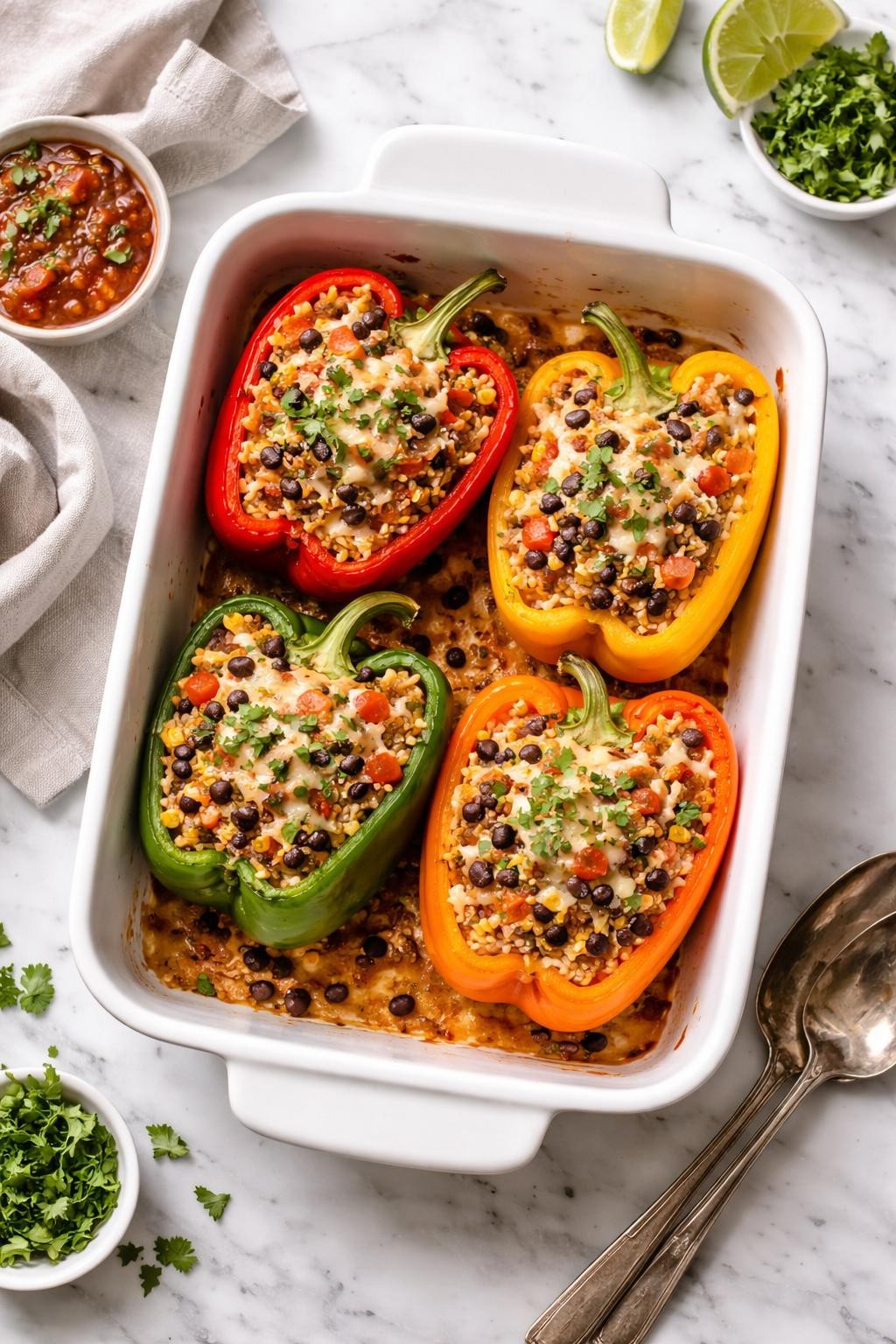 Image Prompt: Realistic top-down editorial food photography of vegan Mexican stuffed peppers in a ceramic baking dish on a clean white and gray marble countertop, colorful bell peppers filled with rice, black beans, corn, tomatoes, and herbs, baked until tender, cozy homemade dinner styling, natural window lighting, soft shadows, clean composition, high detail, realistic food texture, no people, no hands, no text, no watermarks, no props with writing.