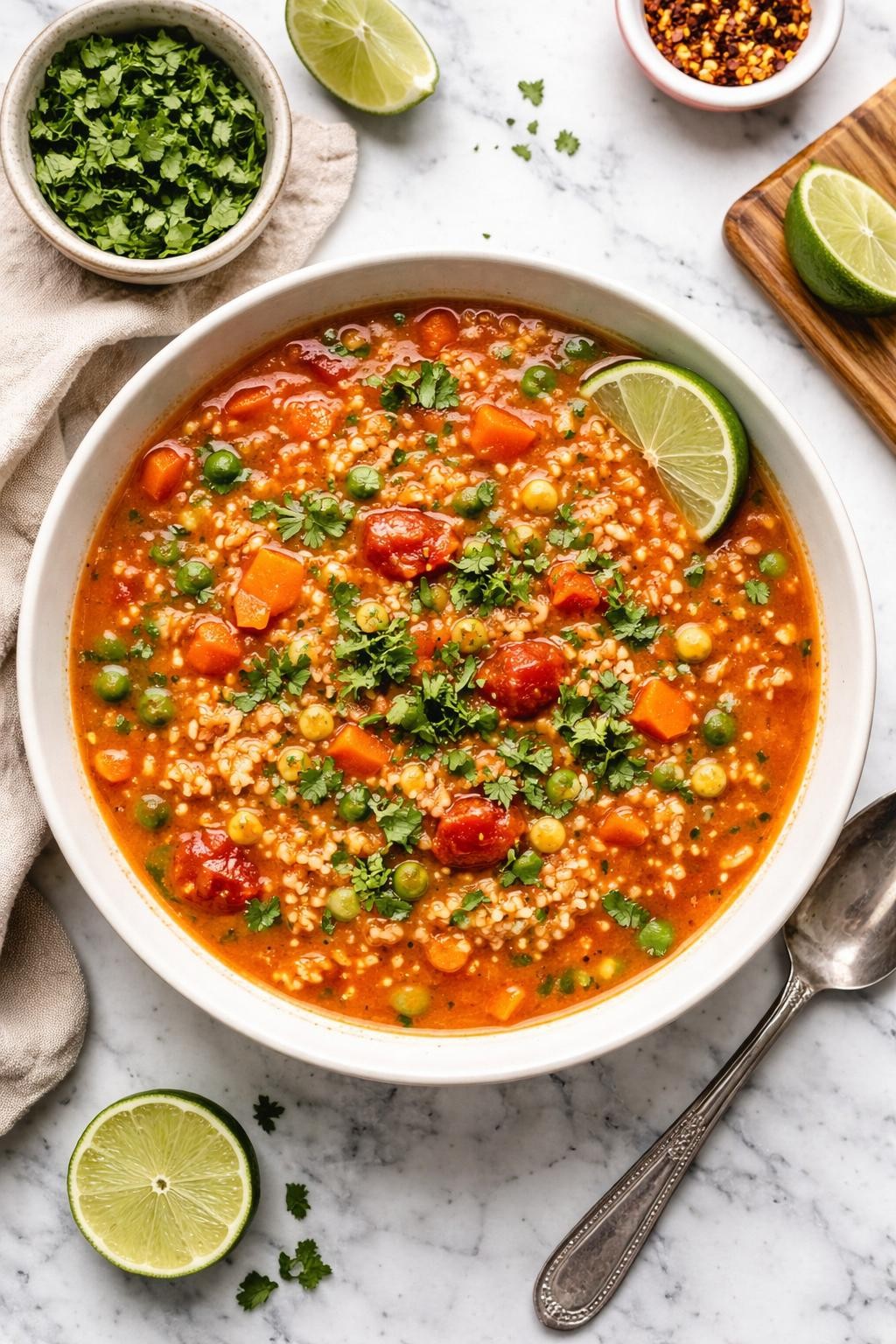 An overheard picture view of a plate of Sopa de Arroz (Mexican Rice Soup) sitting on a marble countertop table in the kitchen, professional food photography style.
