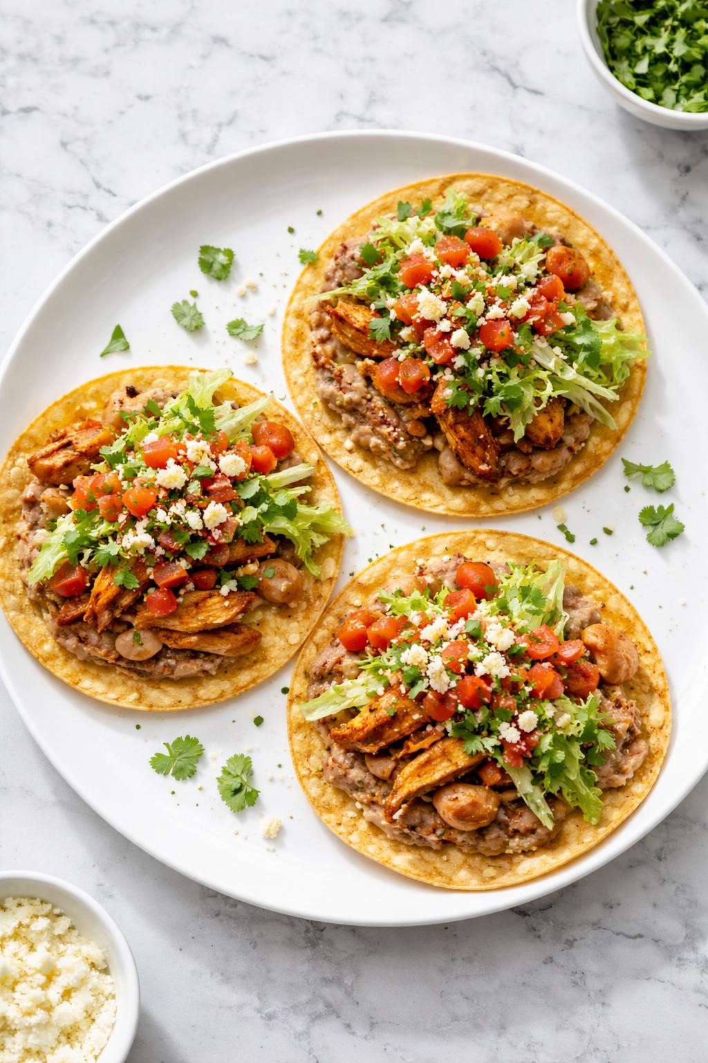 Image Prompt: Realistic top-down editorial food photography of Mexican chicken thigh tostadas on a white plate over a clean white and gray marble countertop, crisp tostada shells topped with shredded chicken thighs, refried beans, lettuce, salsa, and queso fresco, fresh homemade dinner styling, bright natural light, no people, no hands, no text, no watermarks, no props with writing.