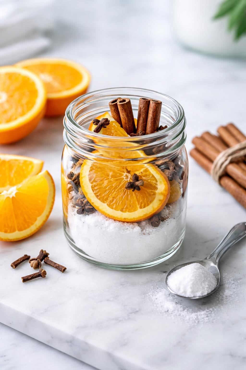 A realistic close-up photo of a small glass jar homemade air freshener with orange slices, cinnamon sticks, and baking soda on a clean white marble countertop. Extra orange slices, cinnamon sticks, and a spoon are arranged neatly around the jar. Bright cool-toned natural light, crisp detail, realistic texture, clean minimal setup, strong focus on the jar freshener and cozy ingredients, no people, no text, (no watermarks on images)