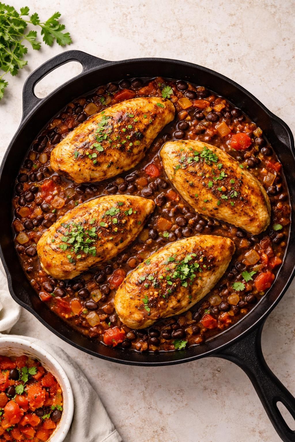 Image Prompt: Realistic top-down editorial food photography of Mexican chicken breast with black beans in a skillet on a clean marble countertop, browned chicken breasts simmered with black beans, tomatoes, onion, and spices in a rich sauce, chopped cilantro on top, warm natural lighting, hearty homemade dinner mood, no people, no hands, no text, no watermarks, no props with writing.