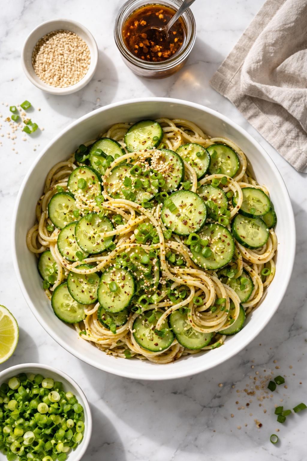 Image Prompt: Realistic top-down editorial food photography of a cucumber sesame noodle salad on a white marble countertop, chilled noodles mixed with sliced cucumbers, green onions, sesame seeds, and glossy sesame soy dressing in a clean white bowl, light homemade lunch styling, bright natural daylight, soft shadows, clean editorial composition, high detail, realistic texture, no people, no hands, no text, no watermarks, no props with writing.