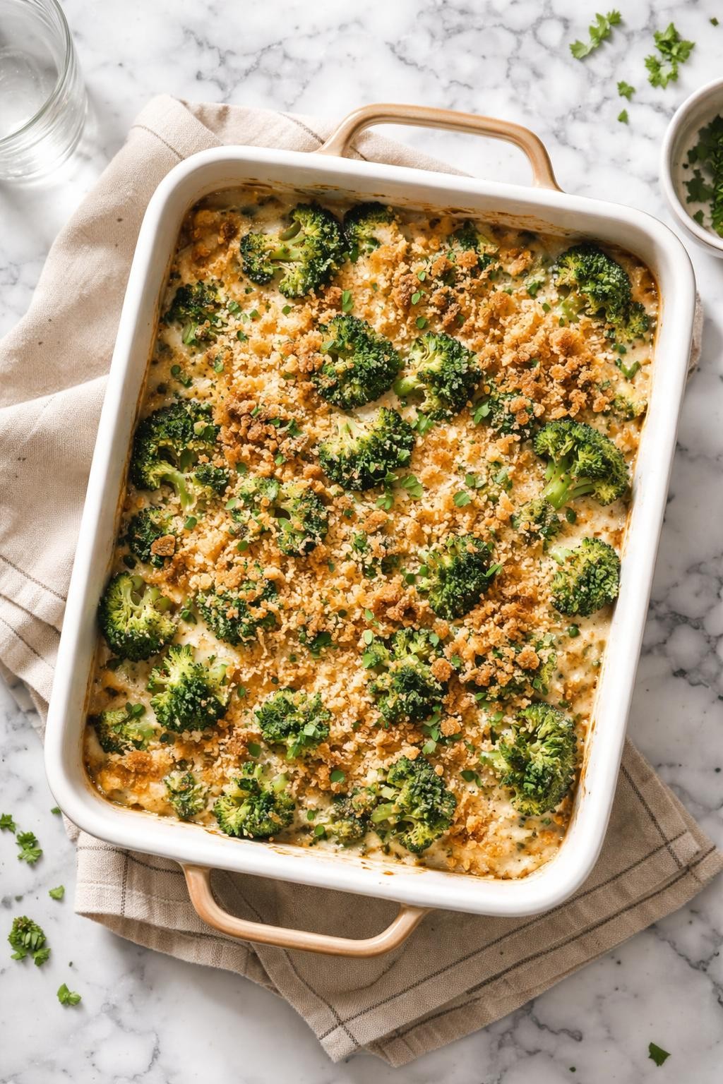 Image Prompt: Realistic top-down editorial food photography of a vegan broccoli casserole in a baking dish on a white and gray marble countertop, tender broccoli in a creamy sauce with golden breadcrumb topping, cozy homemade comfort food mood, bright natural light, no people, no hands, no text, no watermarks, no props with writing.