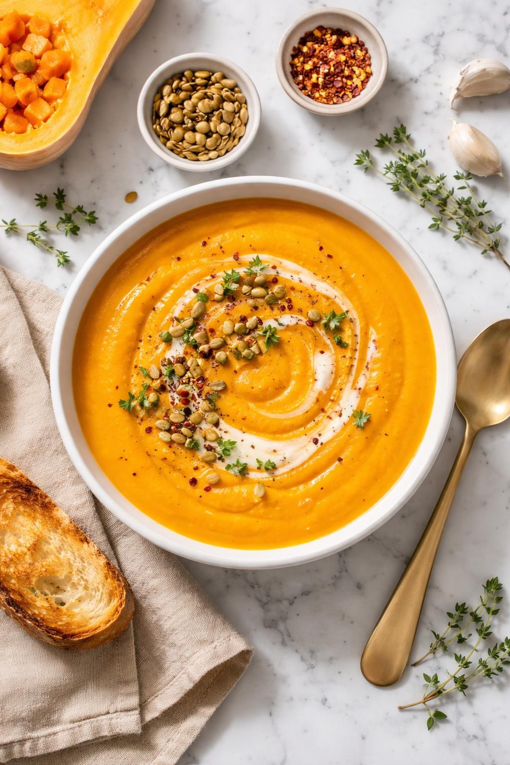 An overheard picture view of a plate of Velvety Butternut Squash Soup sitting on a marble countertop table in the kitchen, professional food photography style.