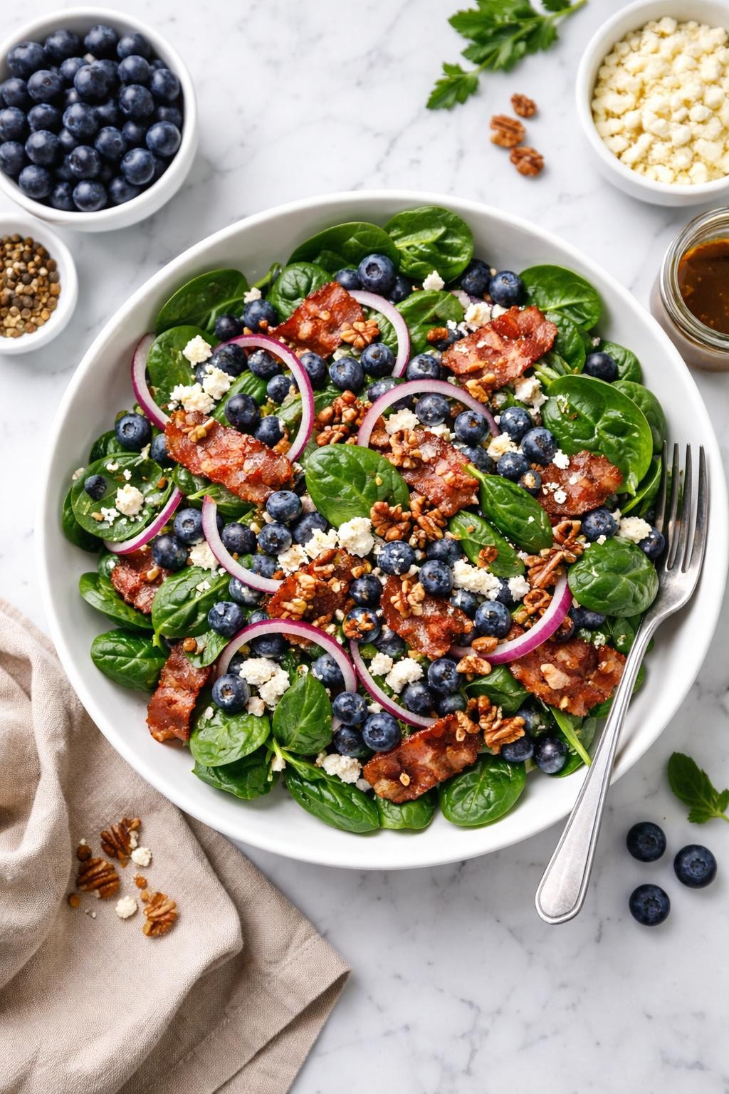 An overheard picture view of a plate of Blueberry Spinach Salad with Bacon and Red Onion sitting on a marble countertop table in the kitchen, professional food photography style.