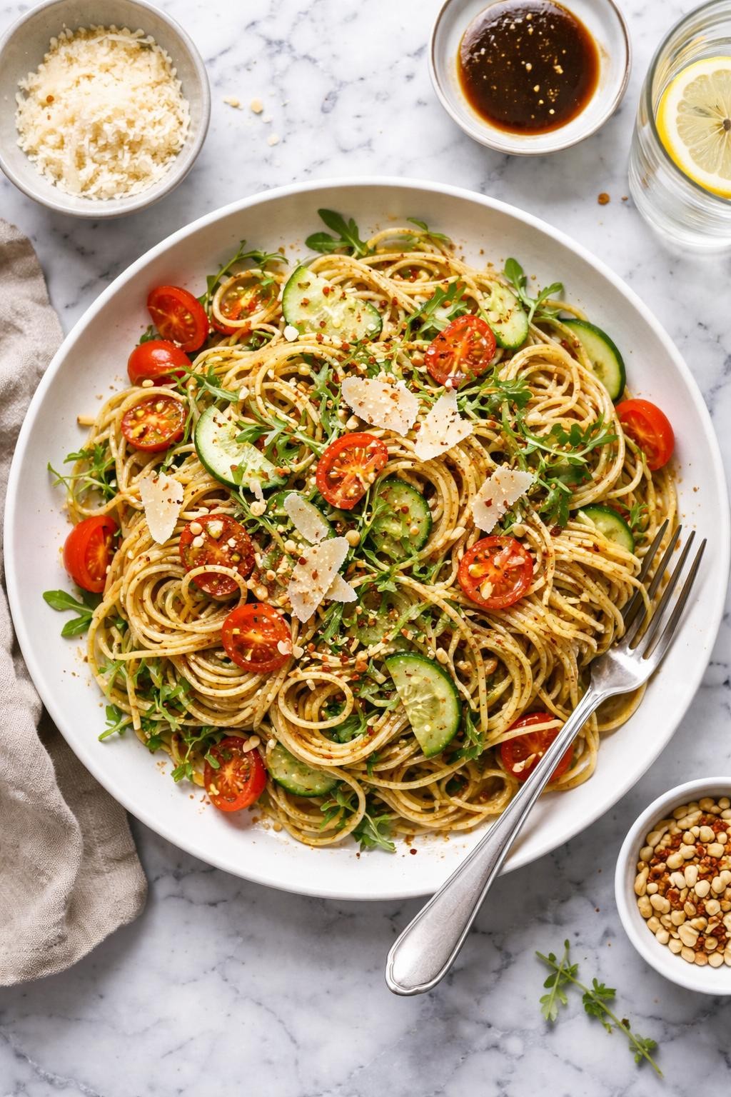 An overheard picture view of a plate of   Black Vinegar and Parmesan Spaghetti Salad sitting on a marble countertop table in the kitchen, professional food photography style.
