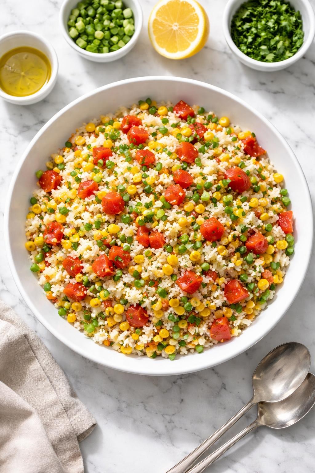Image Prompt: Realistic top-down editorial food photography of a simple corn and tomato rice salad in a wide white bowl on a clean white and gray marble countertop, fluffy rice mixed with sweet corn, diced tomatoes, chopped green onion, parsley, and light vinaigrette, bright natural window light, soft shadows, clean editorial food styling, realistic textures, no people, no hands, no text, no watermarks, no props with writing.