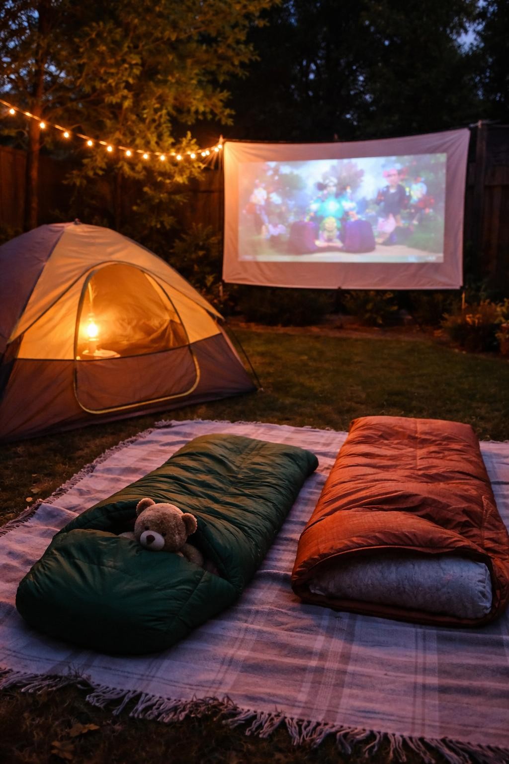 Photo of a backyard with a small tent and sleeping bags on the ground facing a movie screen, wide view at night, screen glow and tent light, containing a stuffed animal peeking out of a sleeping bag, iPhone photo quality.