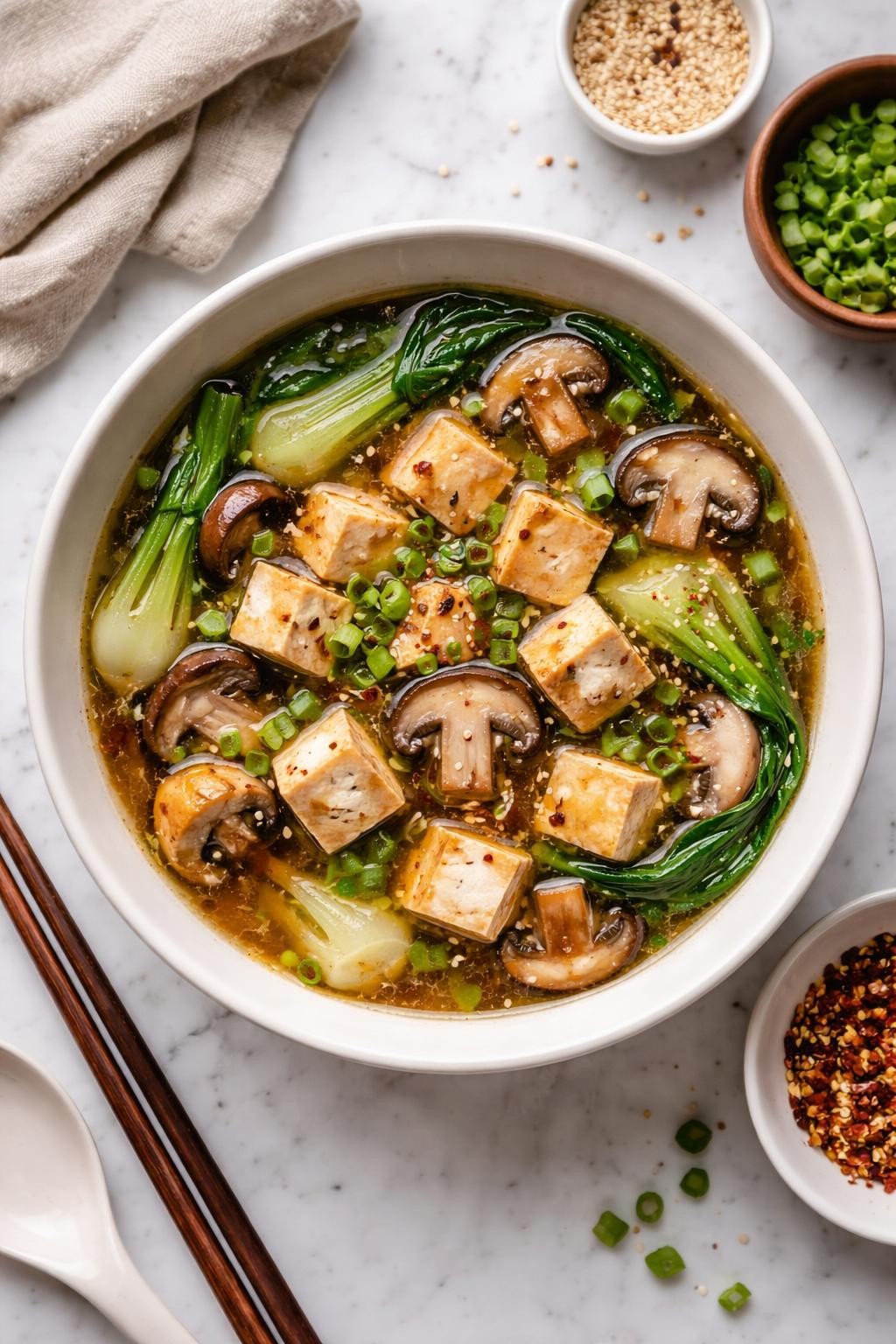An overheard picture view of a plate of Easy Mushroom and Tofu Soup sitting on a marble countertop table in the kitchen, professional food photography style.