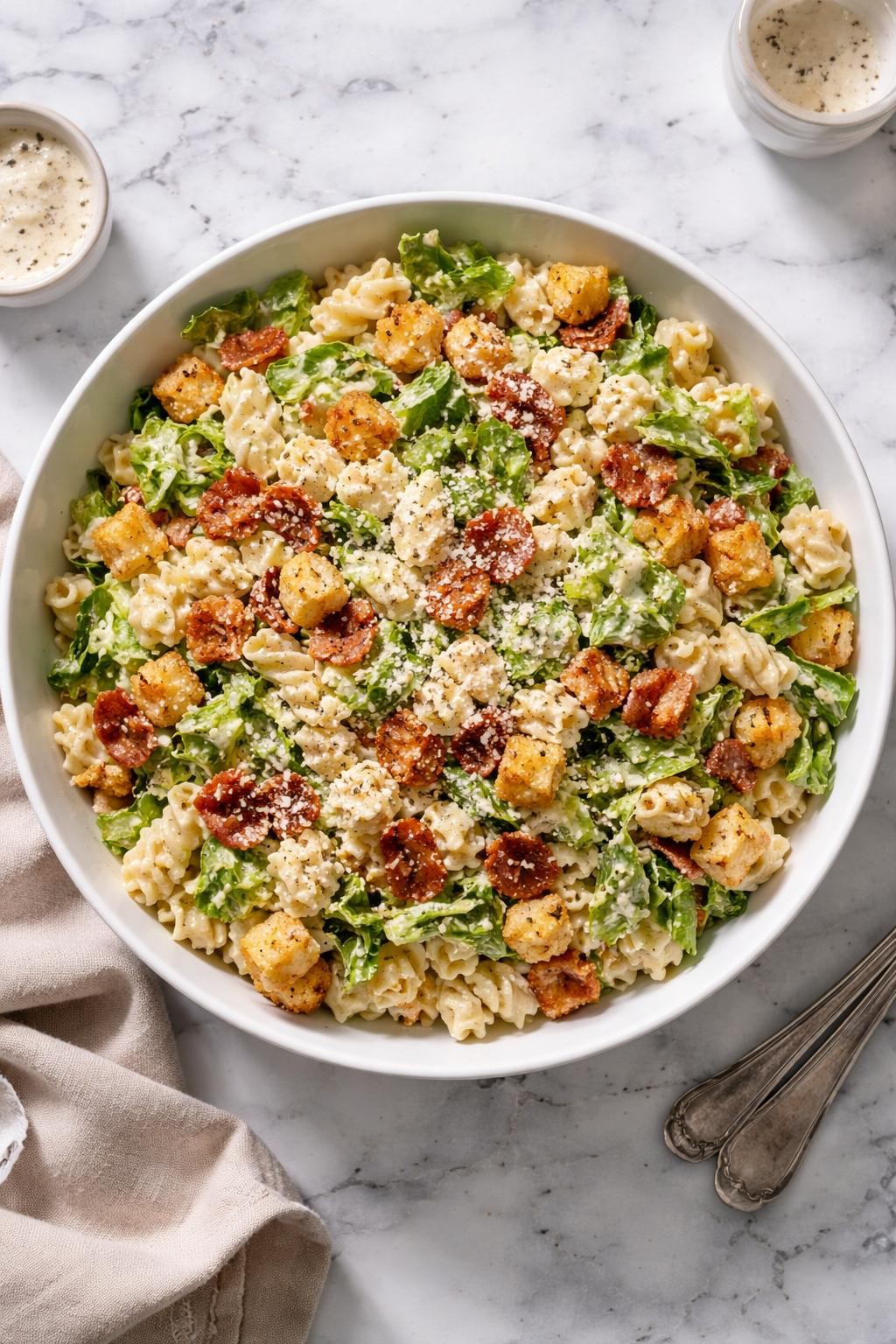 Image Prompt: Realistic top-down editorial food photography of bacon Caesar pasta salad in a large serving bowl on a clean white and gray marble countertop, rotini pasta mixed with chopped romaine, crispy bacon pieces, creamy Caesar dressing, parmesan, and crunchy croutons, cozy homemade styling, bright natural light, soft shadows, no people, no hands, no text, no watermarks, no props with writing.
