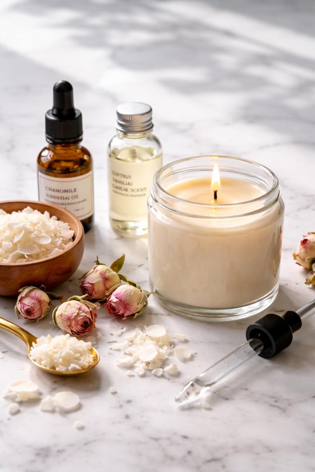 A realistic close-up photo of a homemade candle scent setup for Coffee Vanilla Candle Scent on a clean white marble countertop table. A glass candle jar with creamy wax and a centered wick sits beside small bottles of chamomile essential oil and citrus fragrance oil. Dried rose flowers, wax flakes, and a small dropper are arranged neatly around the candle. Bright natural light, crisp detail, realistic texture, clean minimal setup, strong focus on the candle and soft floral ingredients, no people, no text, (no watermarks on images)