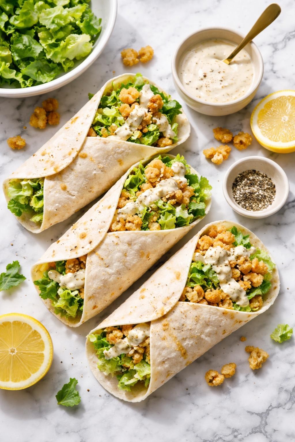 Image Prompt: Realistic top-down editorial food photography of soy curl Caesar wraps on a clean white and gray marble countertop, soft wraps filled with seasoned soy curls, chopped romaine, dairy-free Caesar dressing, and black pepper, fresh homemade vegan lunch styling, bright natural window lighting, soft shadows, clean composition, high detail, realistic food texture, no people, no hands, no text, no watermarks, no props with writing.