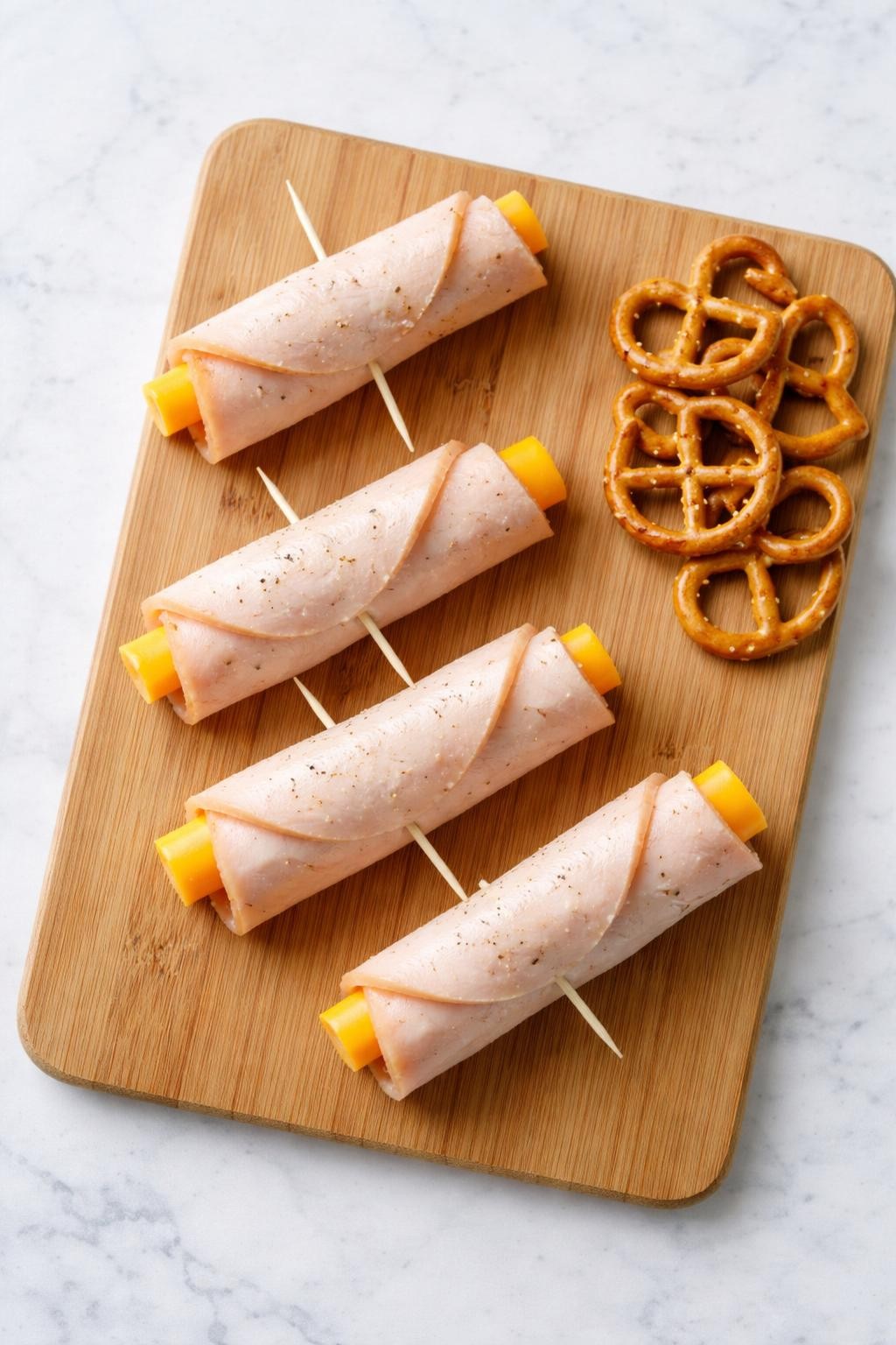 "Overhead realistic photo of four turkey and cheese roll-ups on a cutting board, each made by rolling a slice of deli turkey around a stick of cheddar cheese. Toothpicks holding them together. A small pile of pretzels on the side. Bright natural light, no-cook lunchbox prep, no people, no hands, no text, no watermarks."