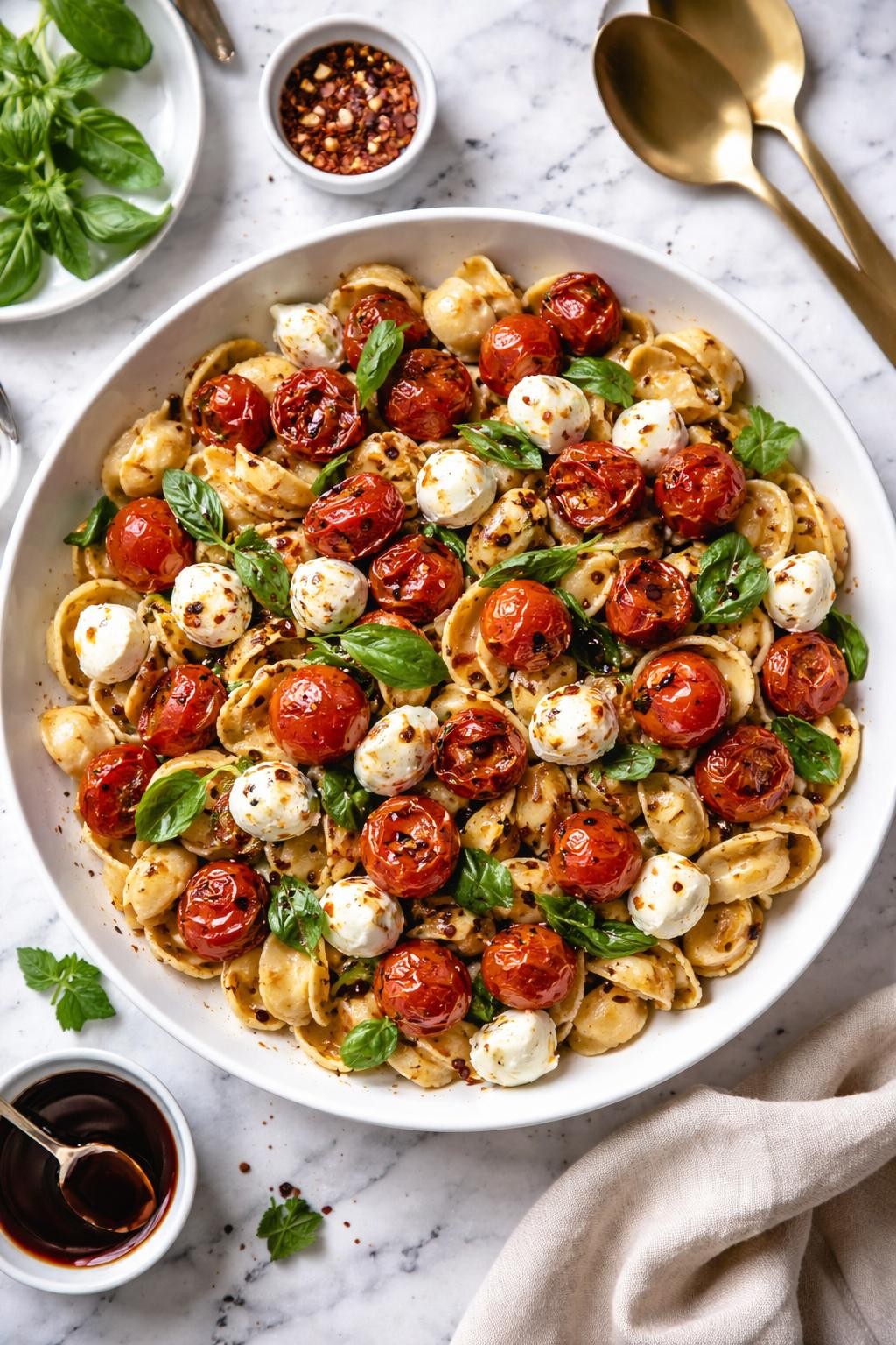  An overheard picture view of a plate of  Caprese Pasta Salad with Roasted Tomatoes  sitting on a marble countertop table in the kitchen, professional food photography style.
