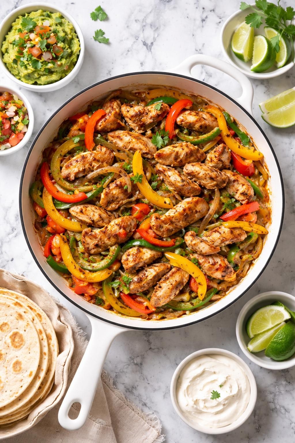 Image Prompt: Realistic top-down editorial food photography of Mexican chicken thigh fajitas in a white skillet on a clean white and gray marble countertop, sliced chicken thighs cooked with bell peppers and onions, served with warm tortillas, bright homemade dinner styling, natural light, no people, no hands, no text, no watermarks, no props with writing.