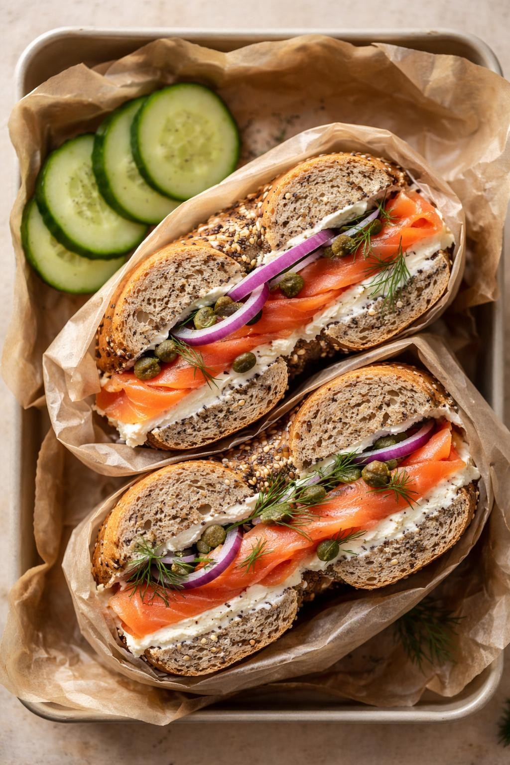 Photo prompt: Realistic top-down editorial food photography of a whole-grain bagel sliced open and filled with cream cheese, smoked salmon, sliced red onion, capers, and fresh dill. The bagel is wrapped in parchment paper. A few cucumber slices on the side. Soft natural light, deli-style lunch box bagel mood, no people, no hands, no text, no watermarks, no props with writing.