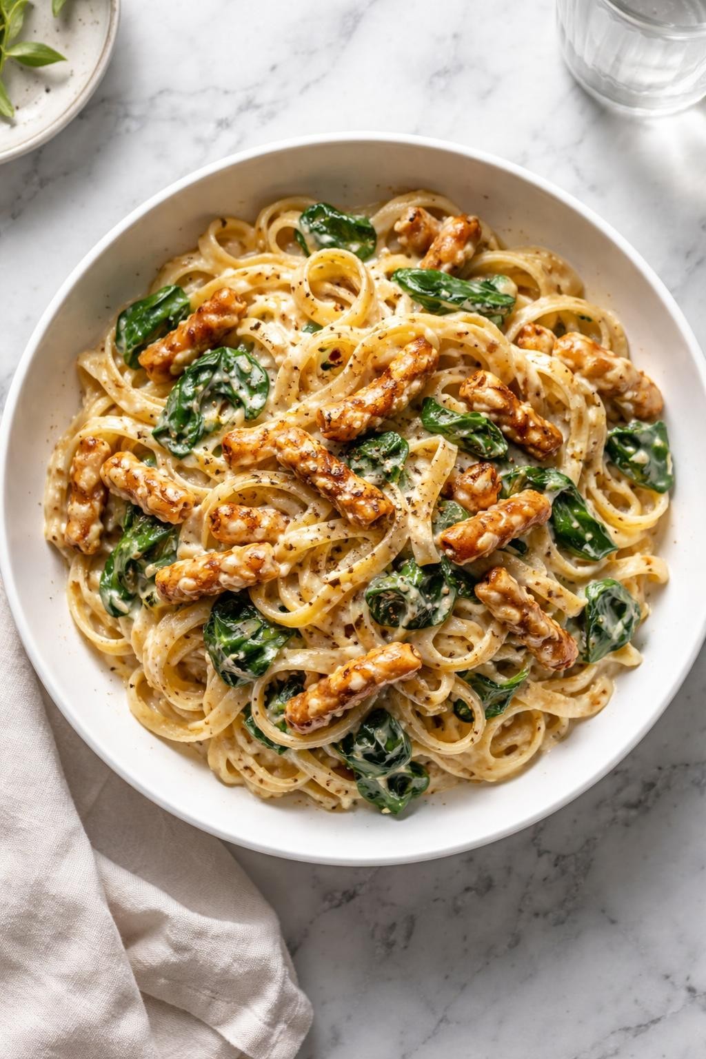 Image Prompt: Realistic top-down editorial food photography of creamy soy curl pasta on a clean white and gray marble countertop, tender pasta tossed with browned soy curls in a creamy dairy-free garlic sauce with spinach and black pepper, served in a shallow white bowl, cozy homemade vegan dinner mood, bright natural window lighting, soft shadows, clean composition, high detail, realistic food texture, no people, no hands, no text, no watermarks, no props with writing.