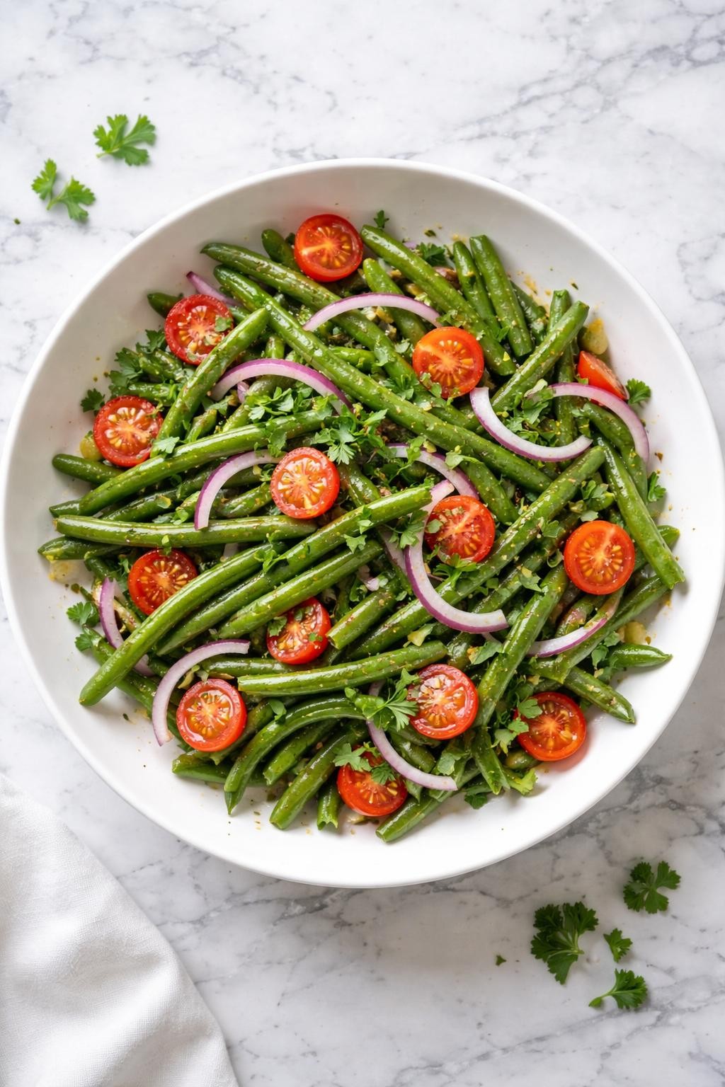 Image Prompt: Realistic top-down editorial food photography of a classic cold green bean salad in a wide white bowl on a clean white and gray marble countertop, bright green blanched green beans tossed with thin red onion slices, cherry tomatoes, and a light lemon vinaigrette, fresh parsley scattered over the top, bright natural window lighting, soft shadows, clean composition, high detail, realistic food texture, fresh homemade salad mood, no people, no hands, no text, no watermarks, no props with writing.