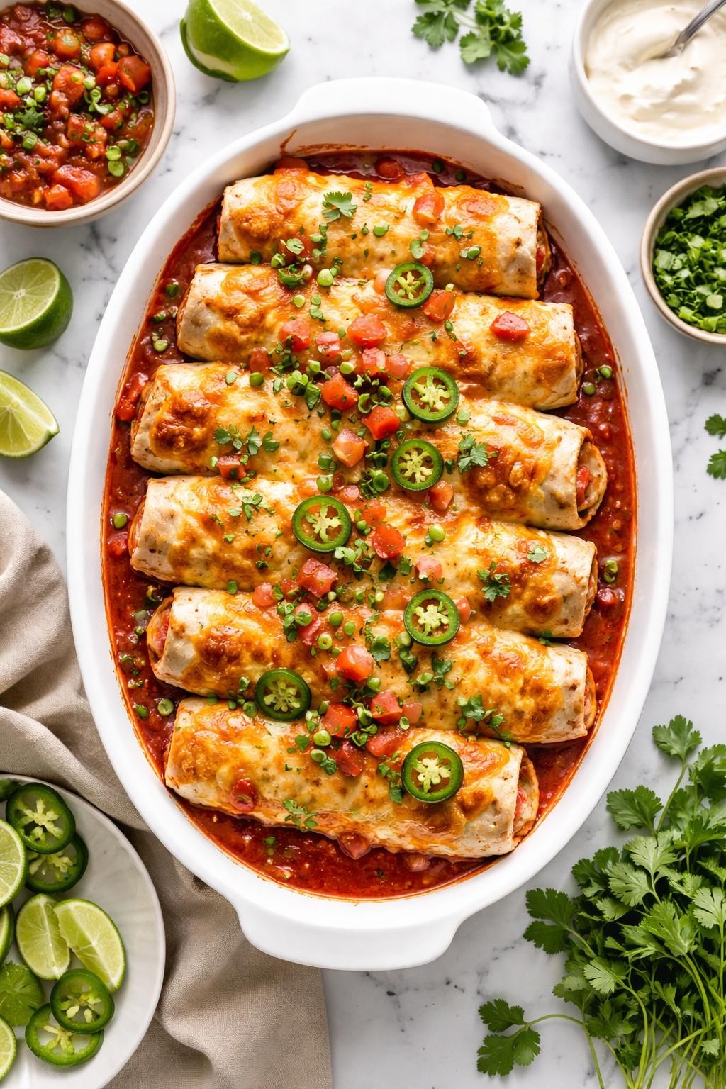 An overheard picture view of a plate of Cheesy Baked Burritos sitting on a marble countertop table in the kitchen, professional food photography style.