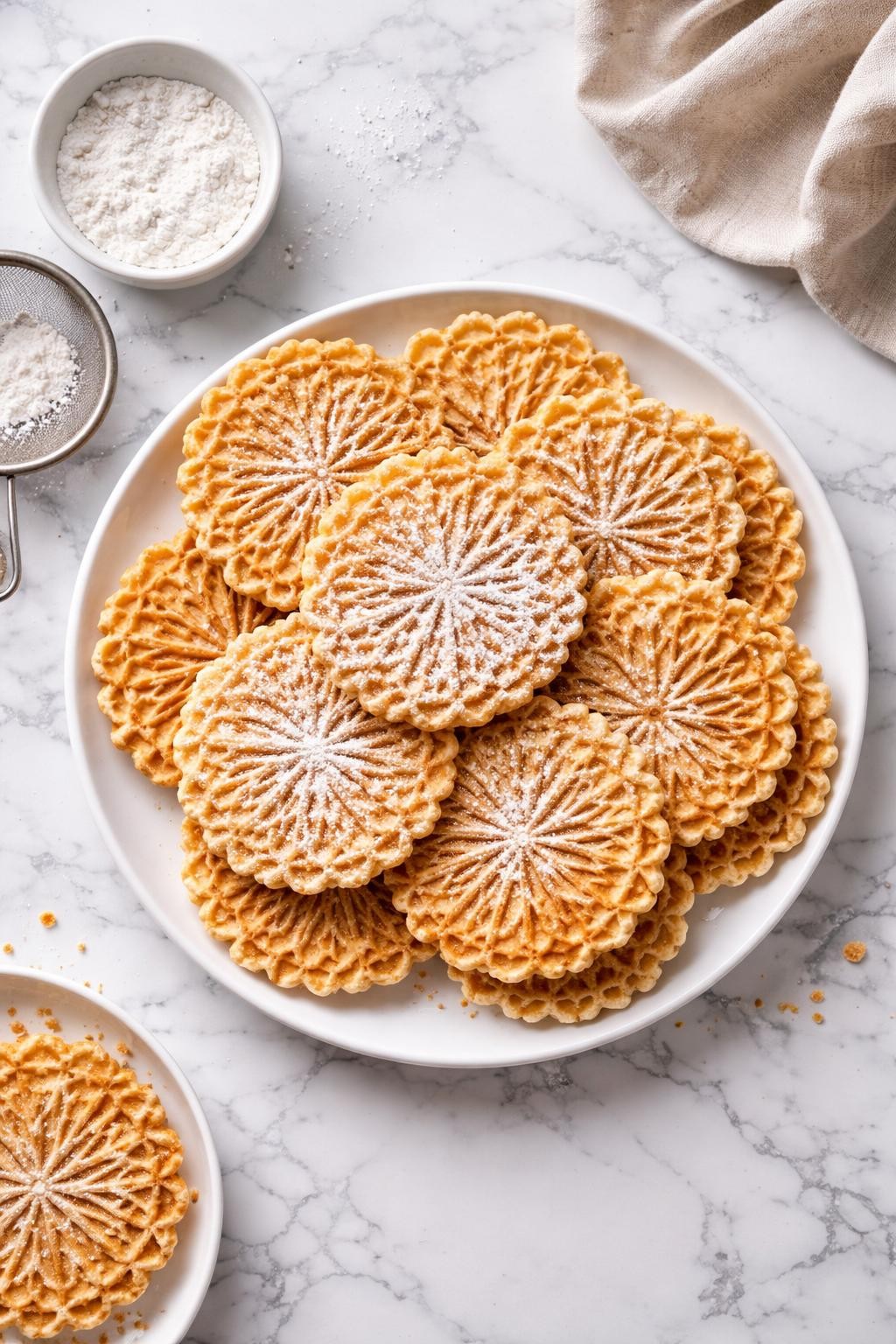 An overheard picture view of a plate of   Pizzelle sitting on a marble countertop table in the kitchen, professional food photography style.
