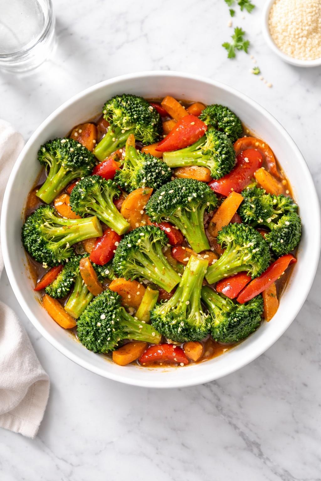 Image Prompt: Realistic top-down editorial food photography of a vegan broccoli stir-fry in a white bowl on a clean marble countertop, bright green broccoli florets with sliced carrots and bell peppers in a glossy savory sauce, simple weeknight dinner styling, bright natural light, clean composition, high detail, no people, no hands, no text, no watermarks, no props with writing.