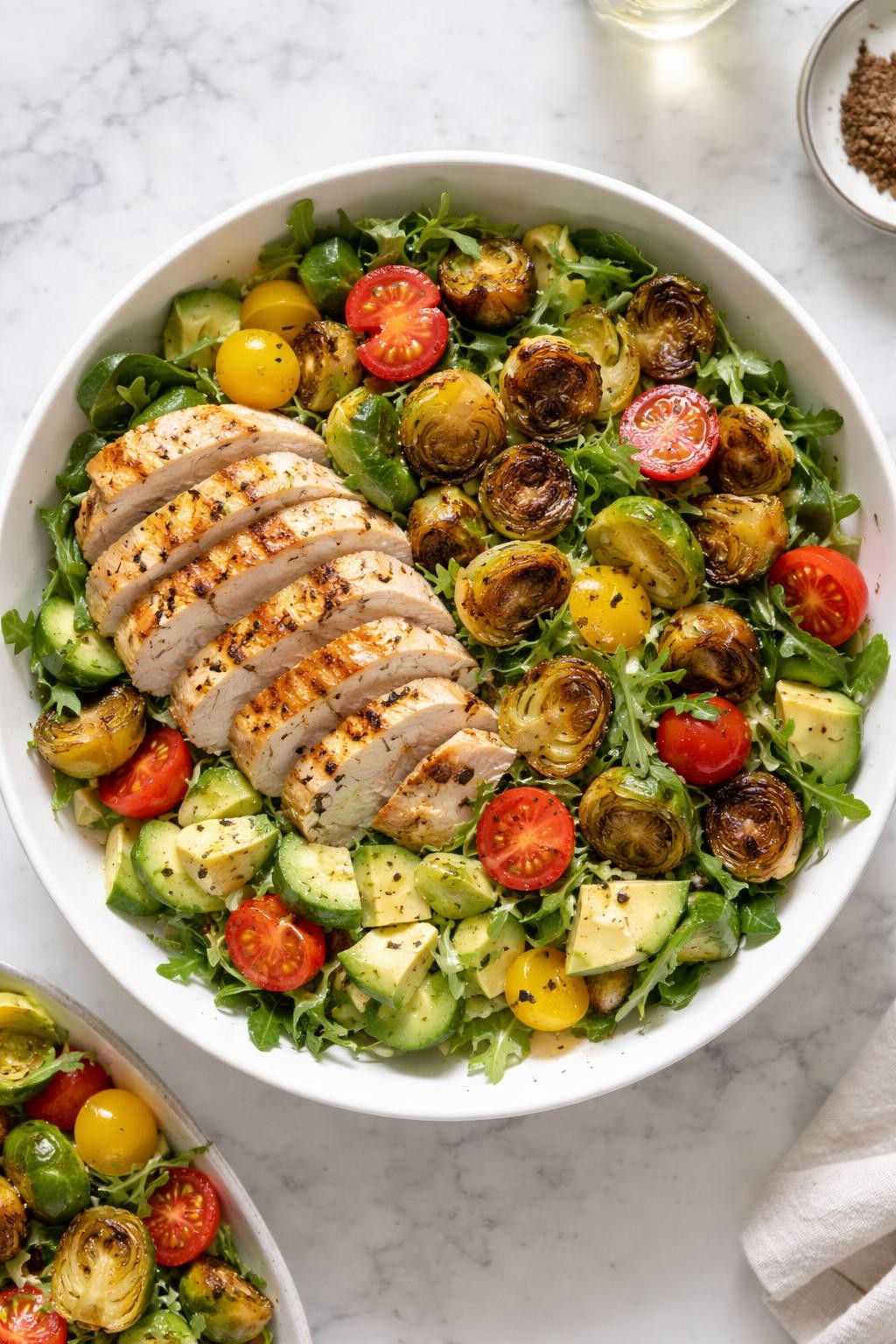 Image Prompt: Realistic top-down editorial food photography of a roasted Brussels sprout salad with sliced chicken in a white serving bowl on a marble countertop, roasted Brussels sprouts with mixed greens, sliced grilled chicken breast, cherry tomatoes, cucumber, avocado, and light vinaigrette, bright natural daylight, soft shadows, clean editorial food styling, high detail, realistic textures, no people, no hands, no text, no watermarks, no props with writing.