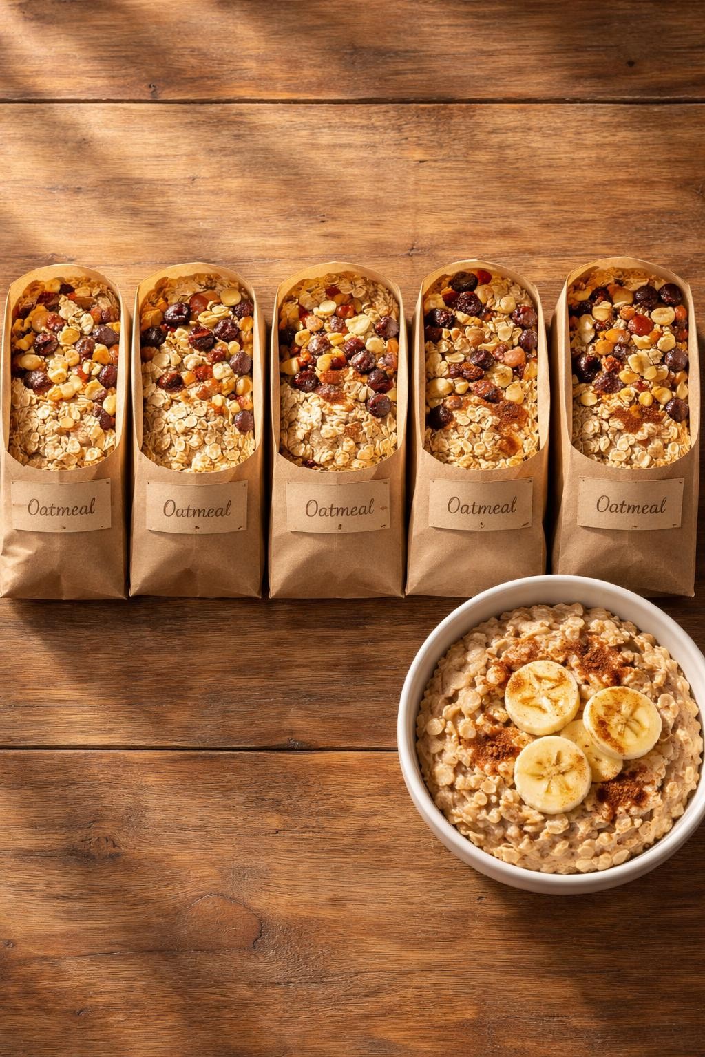 "Realistic top-down food photography of five small paper bags or reusable snack bags lined up on a wooden table. Each bag contains a mix of oats, dried fruit, nuts, and cinnamon. A label on each bag says'Oatmeal.' A bowl of hot oatmeal with banana slices next to the bags. Soft morning light, budget-friendly instant oatmeal alternative, no people, no hands, no text, no watermarks."