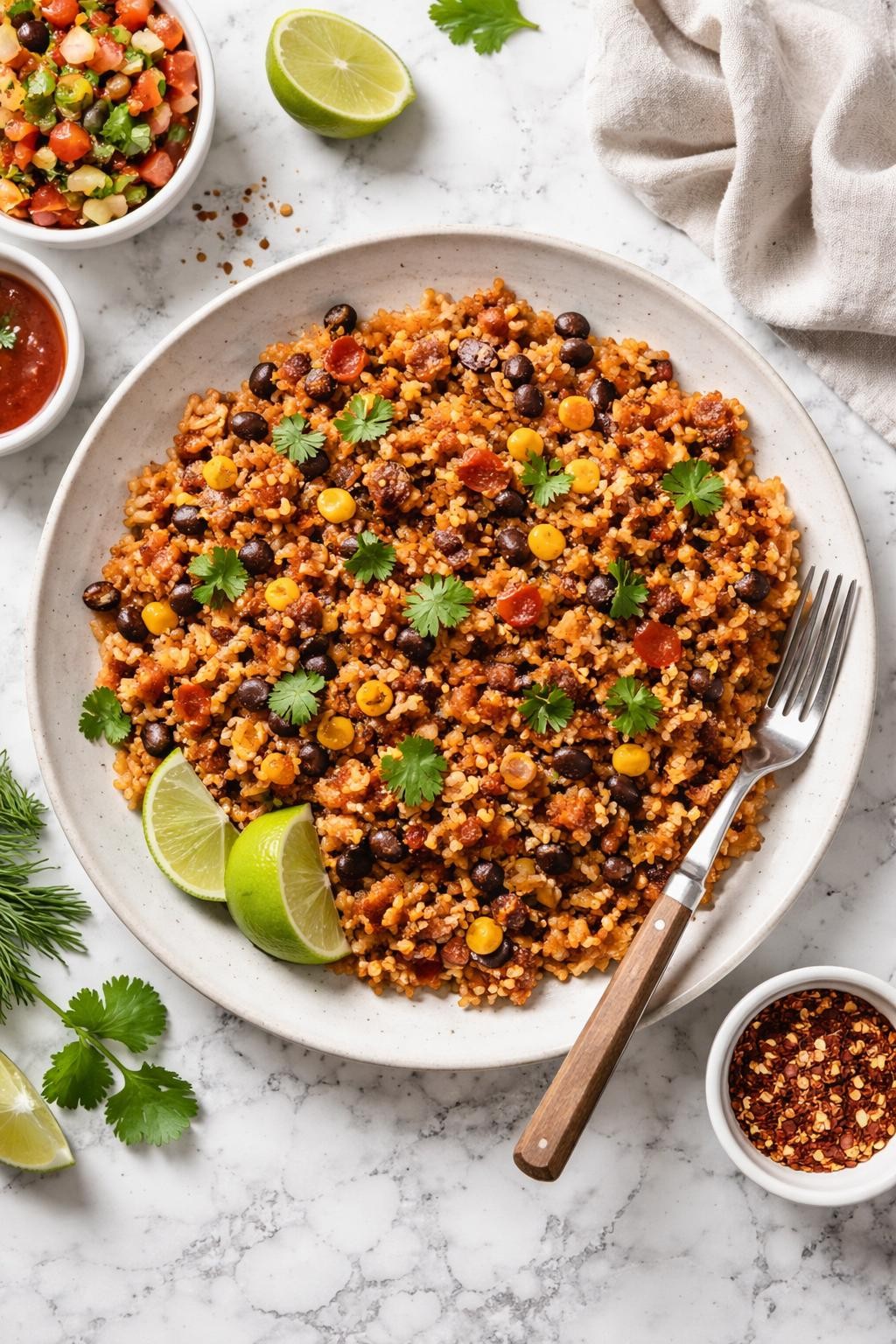 An overheard picture view of a plate of Mexican Rice with Chorizo sitting on a marble countertop table in the kitchen, professional food photography style.