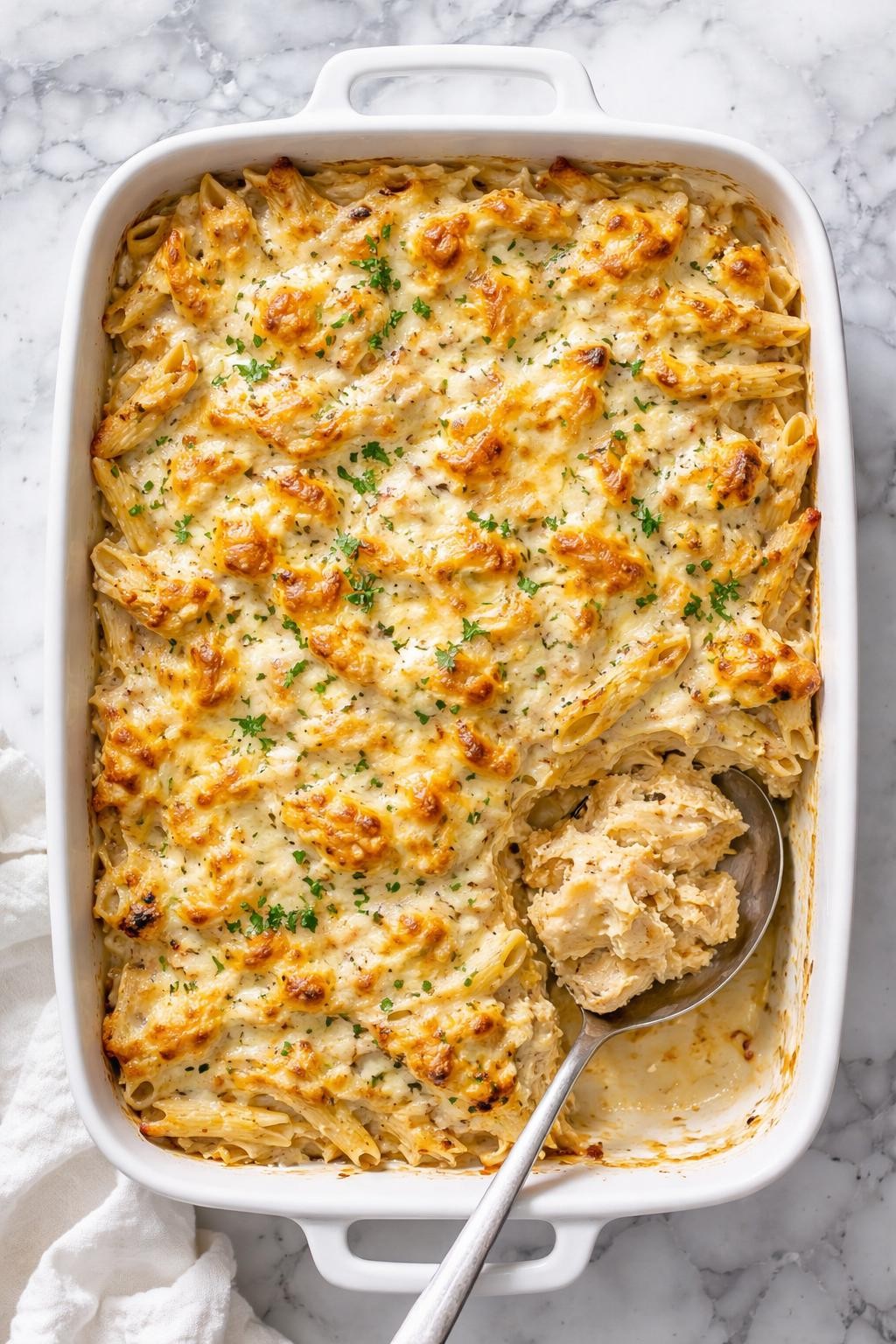 Prompt: Top-down realistic editorial food photography of rotisserie chicken Alfredo bake in a white ceramic baking dish on a clean white and gray marble countertop, pasta baked with creamy Alfredo sauce, shredded chicken, and melted cheese on top, golden bubbly finish with a portion scooped out, cozy homemade dinner mood, bright natural window lighting, soft shadows, clean composition, high detail, realistic food texture, no people, no hands, no text, no watermarks, no props with writing.