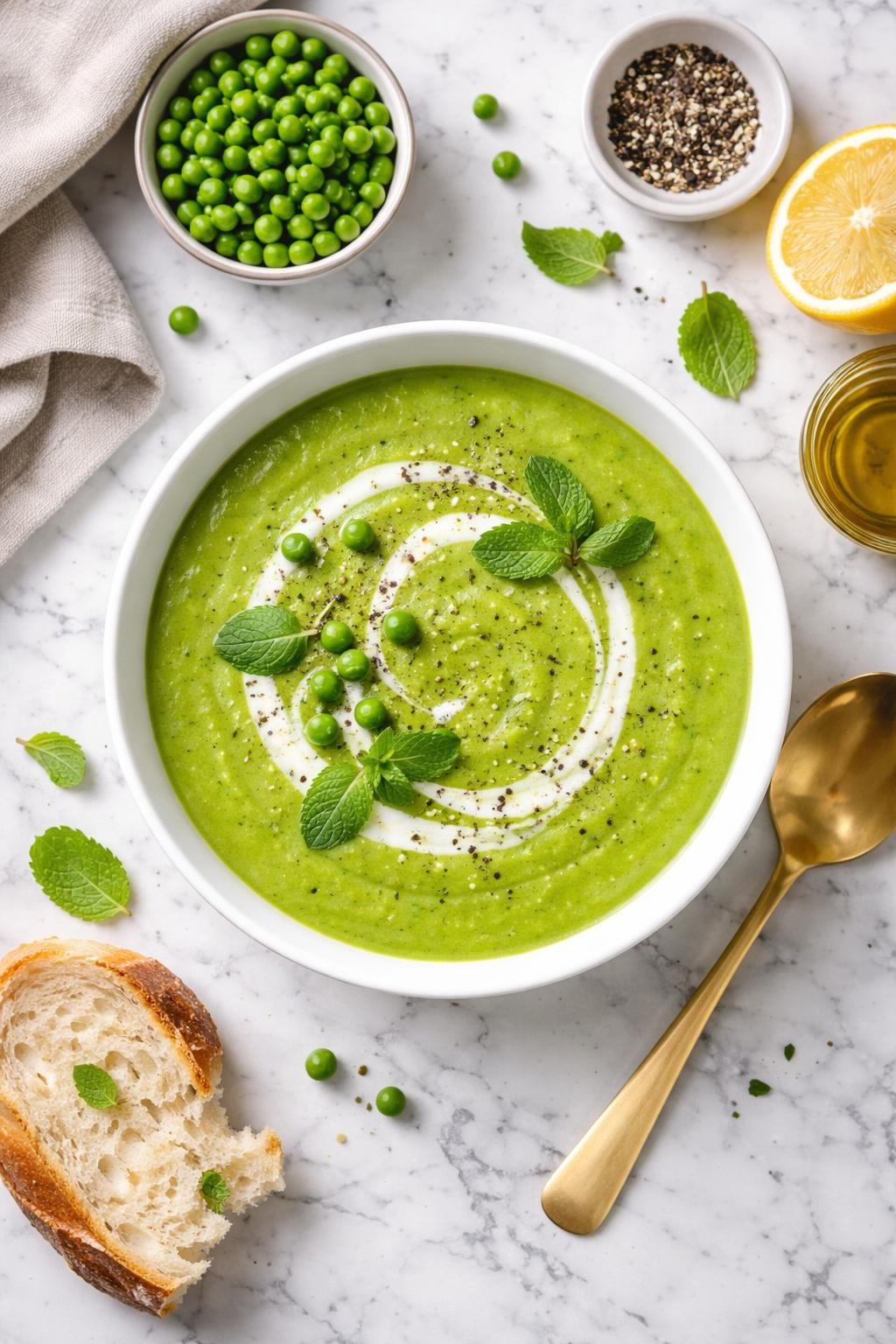 An overheard picture view of a plate of Smooth Pea and Mint Soup sitting on a marble countertop table in the kitchen, professional food photography style.