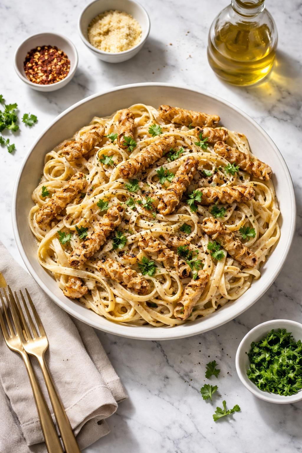 Image Prompt: Realistic top-down editorial food photography of soy curl Alfredo on a clean white and gray marble countertop, tender pasta tossed with browned soy curls in a creamy dairy-free Alfredo sauce with parsley and black pepper, cozy homemade vegan dinner mood, bright natural window lighting, soft shadows, clean composition, high detail, realistic food texture, no people, no hands, no text, no watermarks, no props with writing.