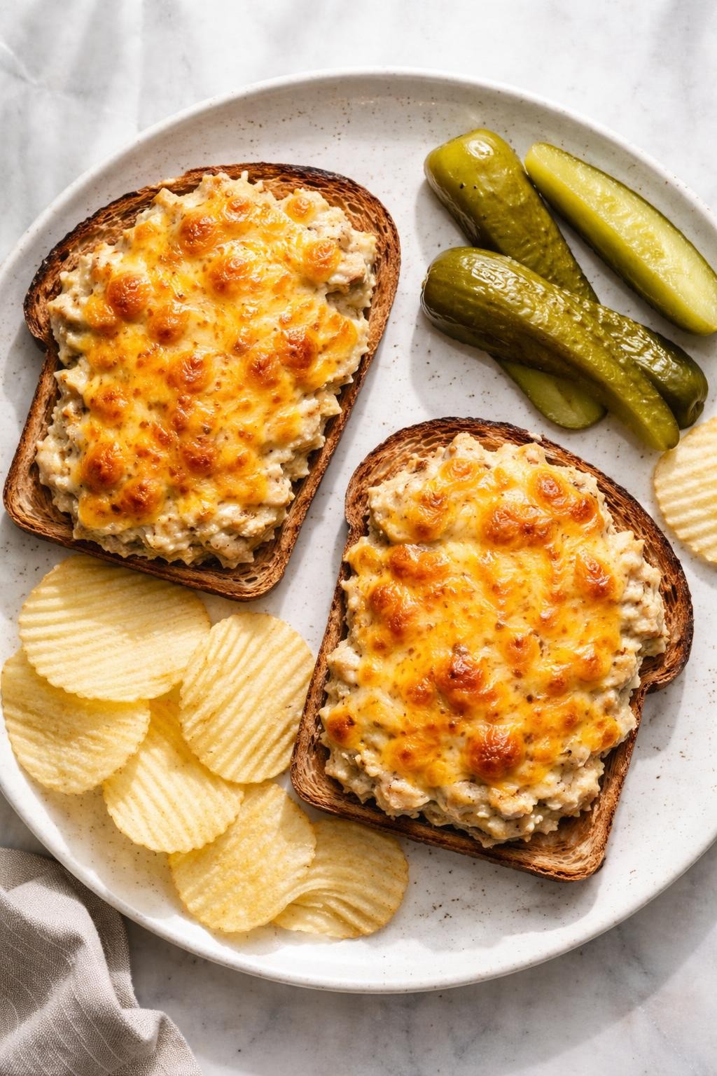 Prompt: Realistic top-down editorial food photography of two open-faced tuna melts on rye bread, showing creamy tuna salad topped with melted cheddar cheese and broiled until bubbly. A few pickles and potato chips are on the side. Bright natural light, fast and satisfying sandwich dinner, no people, no hands, no text, no watermarks, no props with writing.