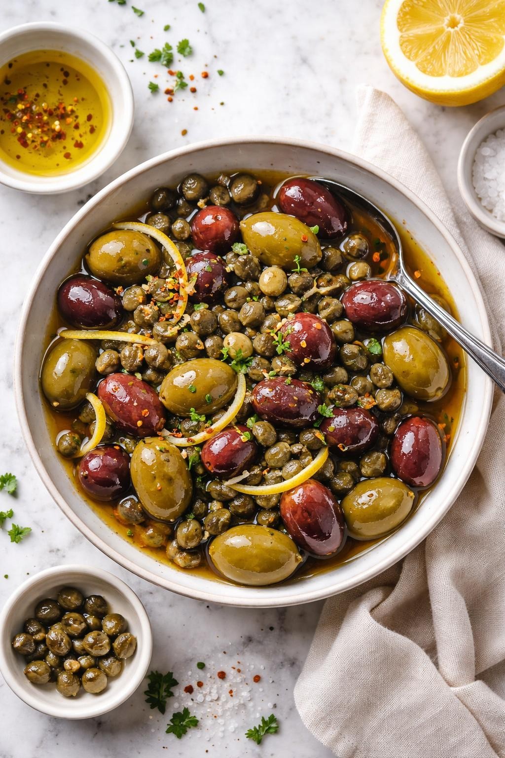 An overheard picture view of a plate of Capers and Olive Briny Version sitting on a marble countertop table in the kitchen, professional food photography style.