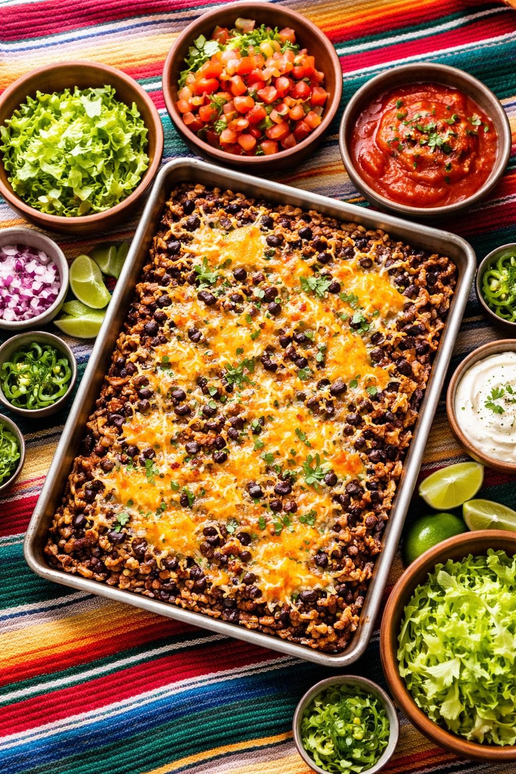 "Realistic top-down food photography of a sheet pan on a colorful Mexican blanket. The pan has seasoned ground beef, black beans, and shredded cheese baked together. Next to the pan are bowls of taco toppings: lettuce, tomatoes, salsa, and sour cream. Warm festive lighting, easy taco night for a crowd, no people, no hands, no text, no watermarks."