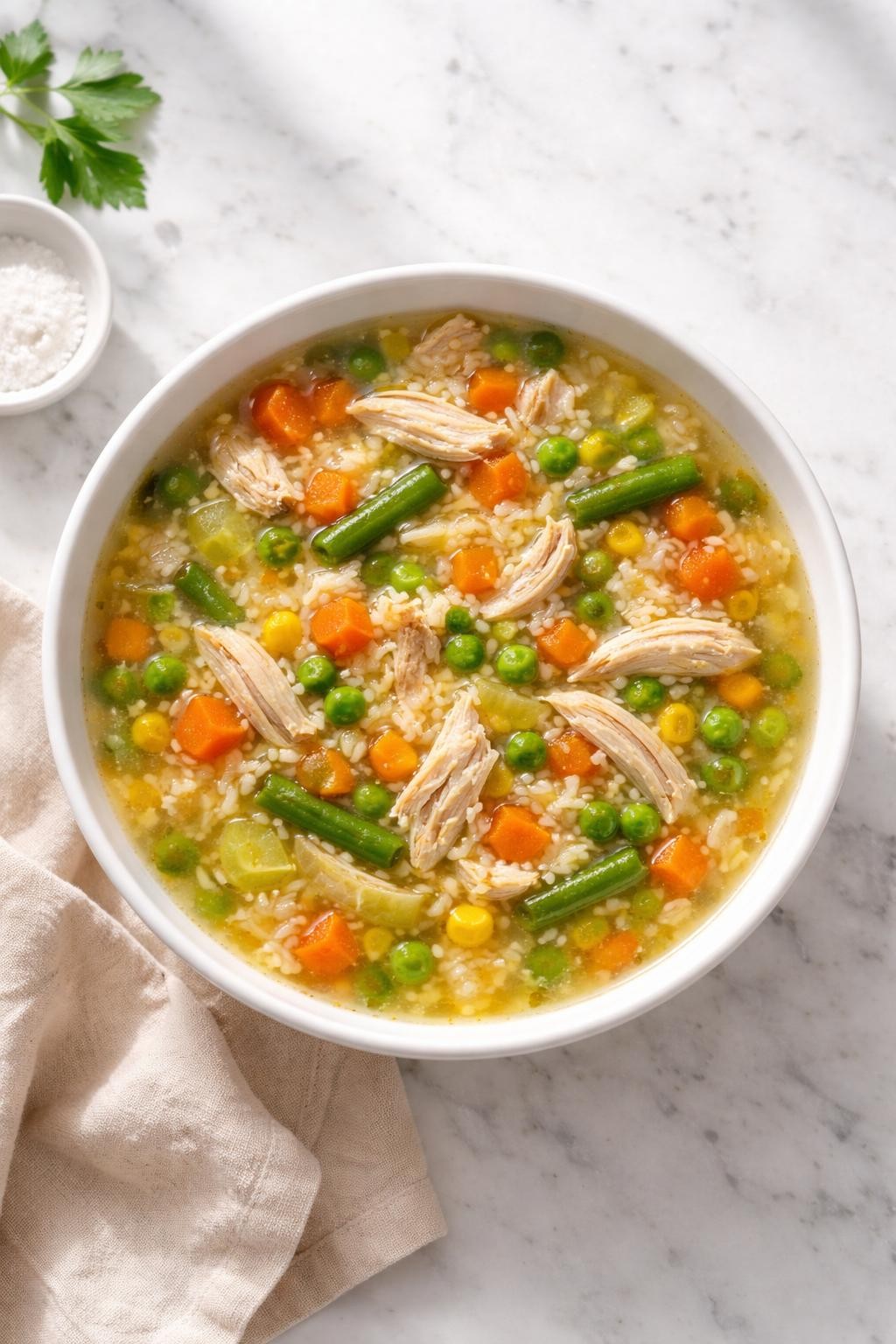 Image Prompt: Realistic top-down editorial food photography of a bowl of chicken rice vegetable soup on a clean marble countertop, light broth with shredded chicken, rice, carrots, peas, green beans, corn, and celery, simple white bowl, bright natural window light, soft shadows, clean homemade styling, high detail, realistic food texture, no people, no hands, no text, no watermarks, no props with writing.