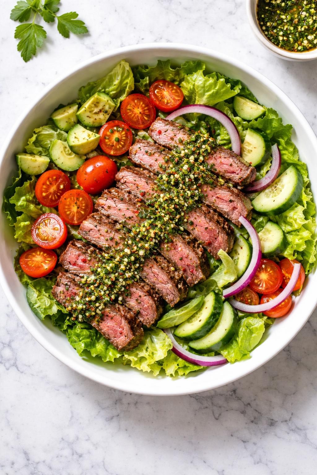 Image Prompt: Realistic top-down editorial food photography of a chimichurri steak salad served in a clean white bowl on a marble countertop, sliced grilled steak over romaine, cherry tomatoes, cucumber, avocado, and red onion, bright green chimichurri spooned generously over the steak, fresh herb detail visible, natural daylight, soft shadows, clean editorial food styling, realistic texture, no people, no hands, no text, no watermarks, no props with writing.