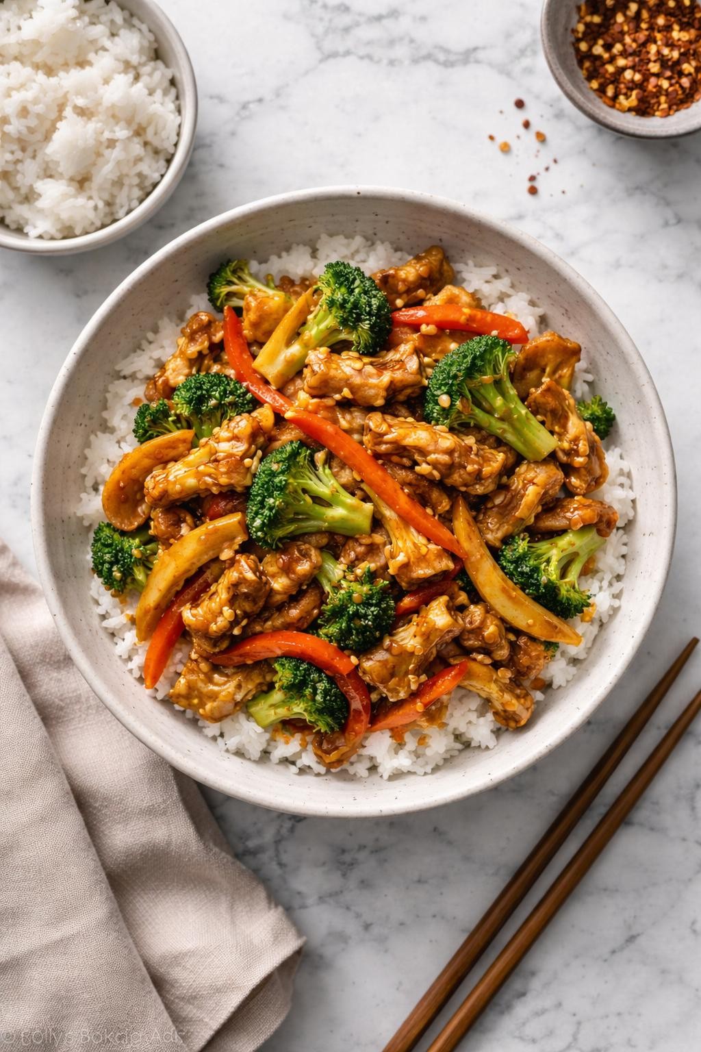 Image Prompt: Realistic top-down editorial food photography of a garlic soy curl stir-fry on a clean white and gray marble countertop, tender browned soy curls tossed with broccoli, bell peppers, carrots, and glossy garlic soy sauce, served over rice in a simple bowl, cozy homemade vegan dinner mood, bright natural window lighting, soft shadows, clean composition, high detail, realistic food texture, no people, no hands, no text, no watermarks, no props with writing.