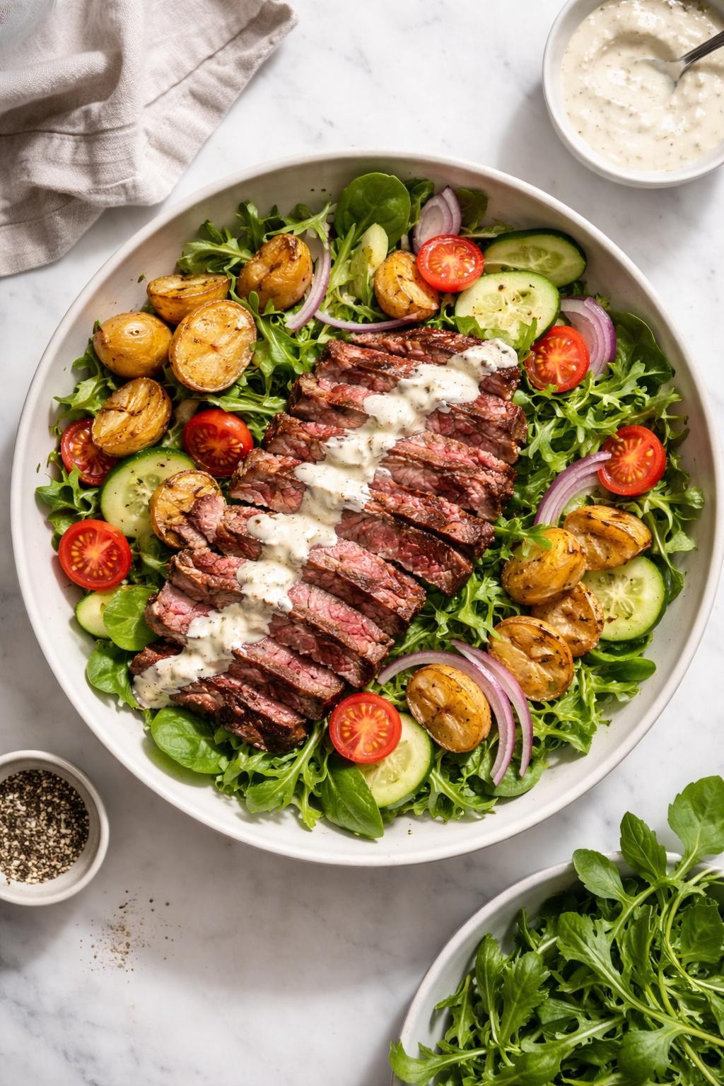 Image Prompt: Realistic top-down editorial food photography of a steak salad with creamy horseradish dressing on a light marble countertop, juicy sliced steak over mixed greens with cucumbers, tomatoes, red onion, and crispy roasted potatoes, pale creamy horseradish dressing drizzled over the top, simple neutral bowl, bright natural lighting, soft shadows, high detail, realistic food texture, no people, no hands, no text, no watermarks, no props with writing.