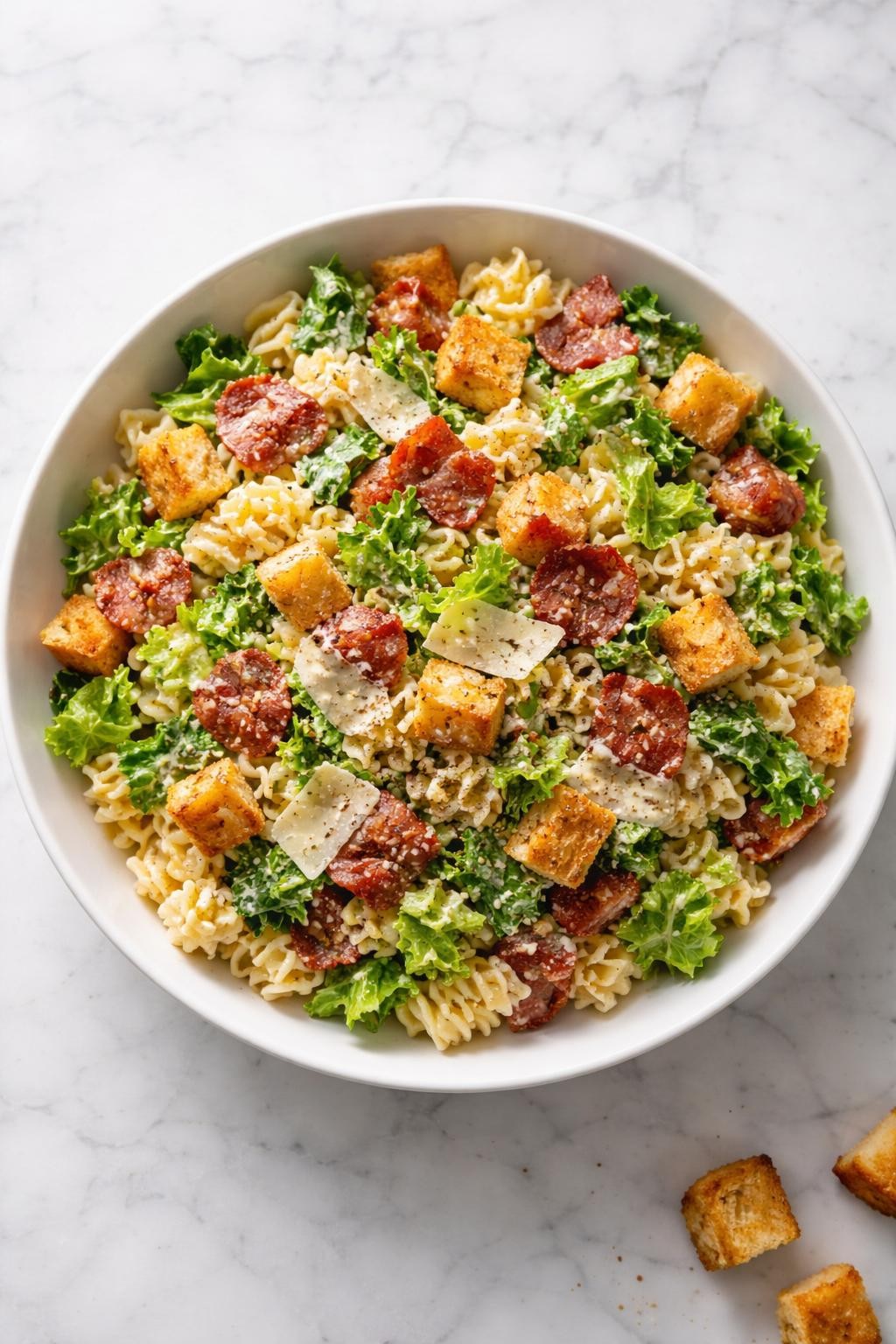 Image Prompt: Realistic top-down editorial food photography of Caesar pasta salad with turkey bacon in a white bowl on a clean marble countertop, rotini pasta mixed with chopped romaine, crispy turkey bacon pieces, Caesar dressing, parmesan, and croutons, fresh homemade meal styling, bright natural window lighting, soft shadows, no people, no hands, no text, no watermarks, no props with writing.