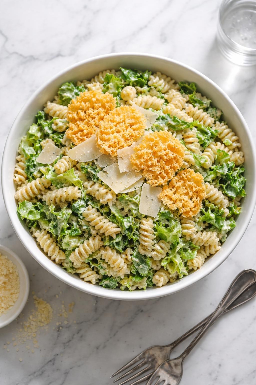 Image Prompt: Realistic top-down editorial food photography of Caesar pasta salad with parmesan crisps in a large white bowl on a clean marble countertop, rotini pasta mixed with romaine, creamy Caesar dressing, shaved parmesan, and golden parmesan crisps on top, elegant homemade styling, bright natural window lighting, soft shadows, no people, no hands, no text, no watermarks, no props with writing.