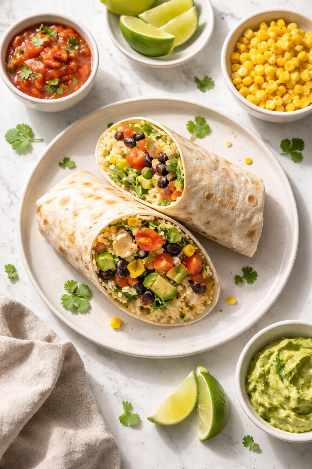 Image Prompt: Realistic top-down editorial food photography of vegan burritos on a white marble countertop, large flour tortillas stuffed with rice, black beans, avocado, salsa, lettuce, and corn, cut in half to show the filling, cozy homemade lunch styling, natural daylight, soft shadows, clean editorial composition, high detail, realistic texture, no people, no hands, no text, no watermarks, no props with writing.